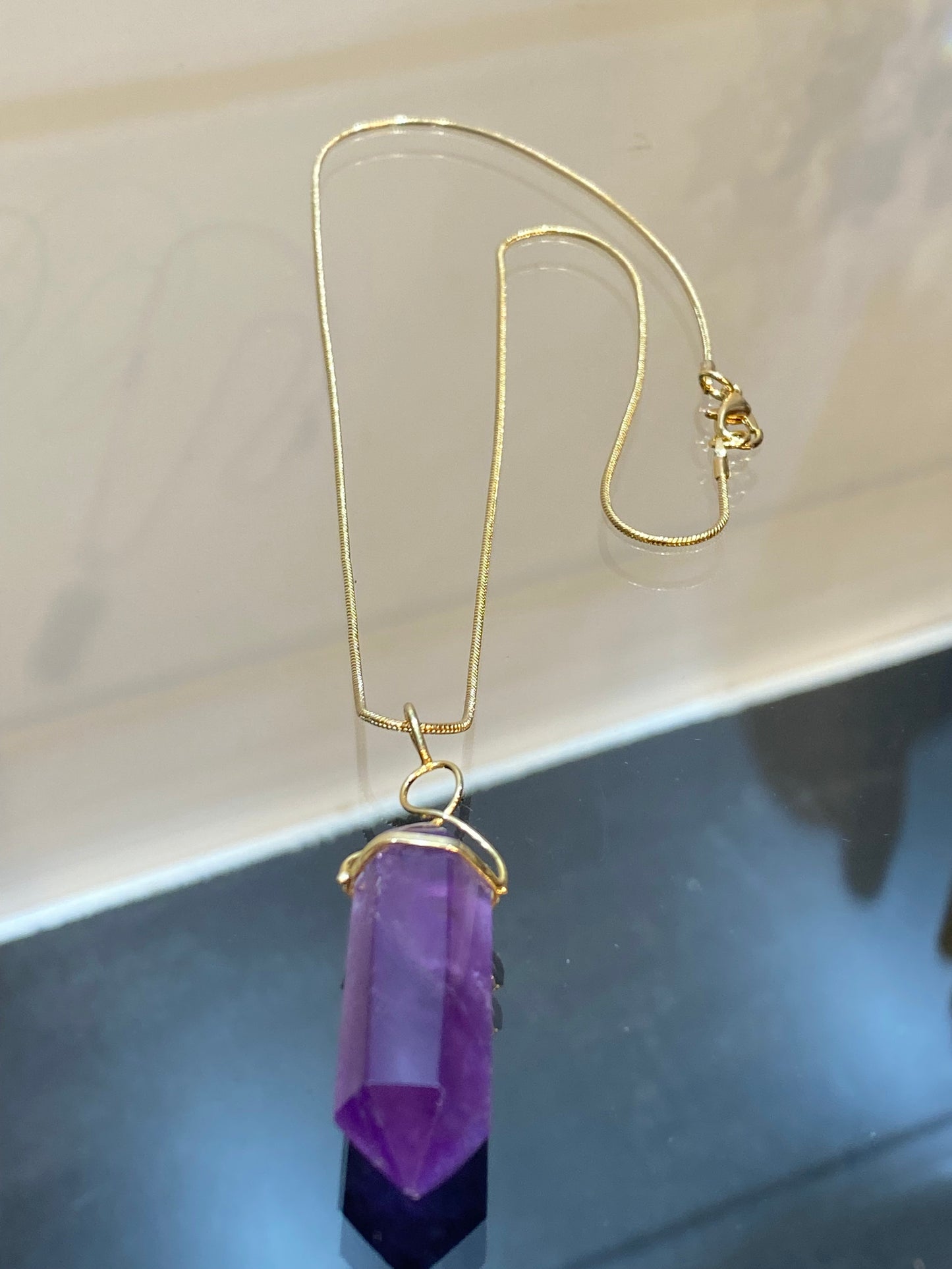 Amethyst Double Terminated Point Gold Overlay Twist Pendant with Gold Chain