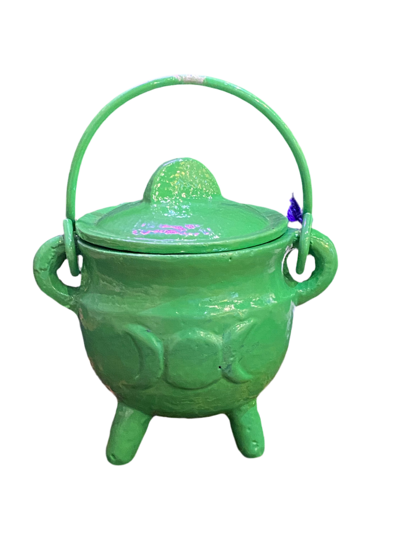 Green Triple Moon Cast Iron Cauldron with lid for spiritual rituals and incense burning.