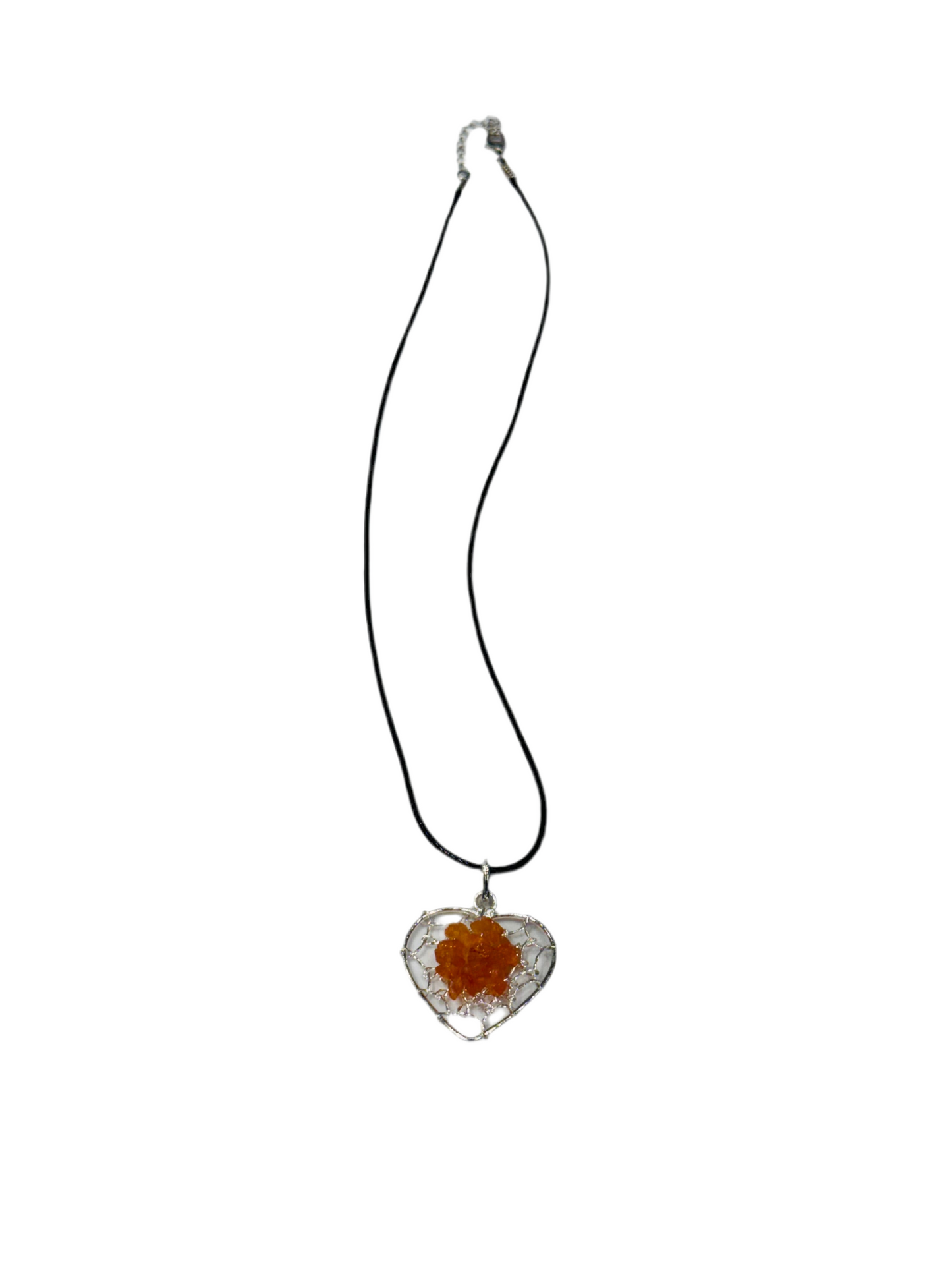 Carnelian Chips Silver Heart Pendant Wire Wrapped with Black Adjustable Cord Necklace