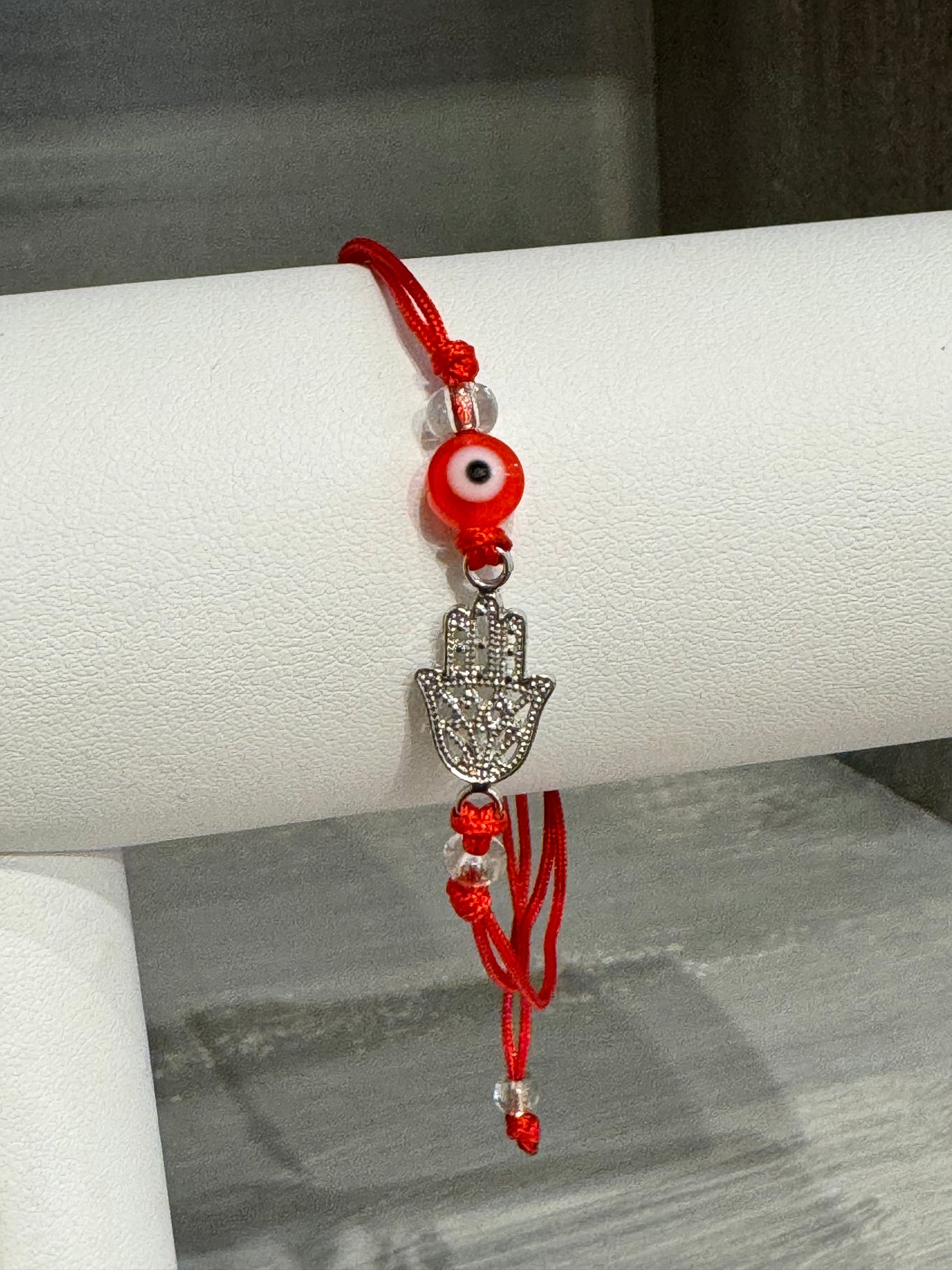 Red String Pull Tie Bracelet with Hamsa Charm Red Evil Eye Bead