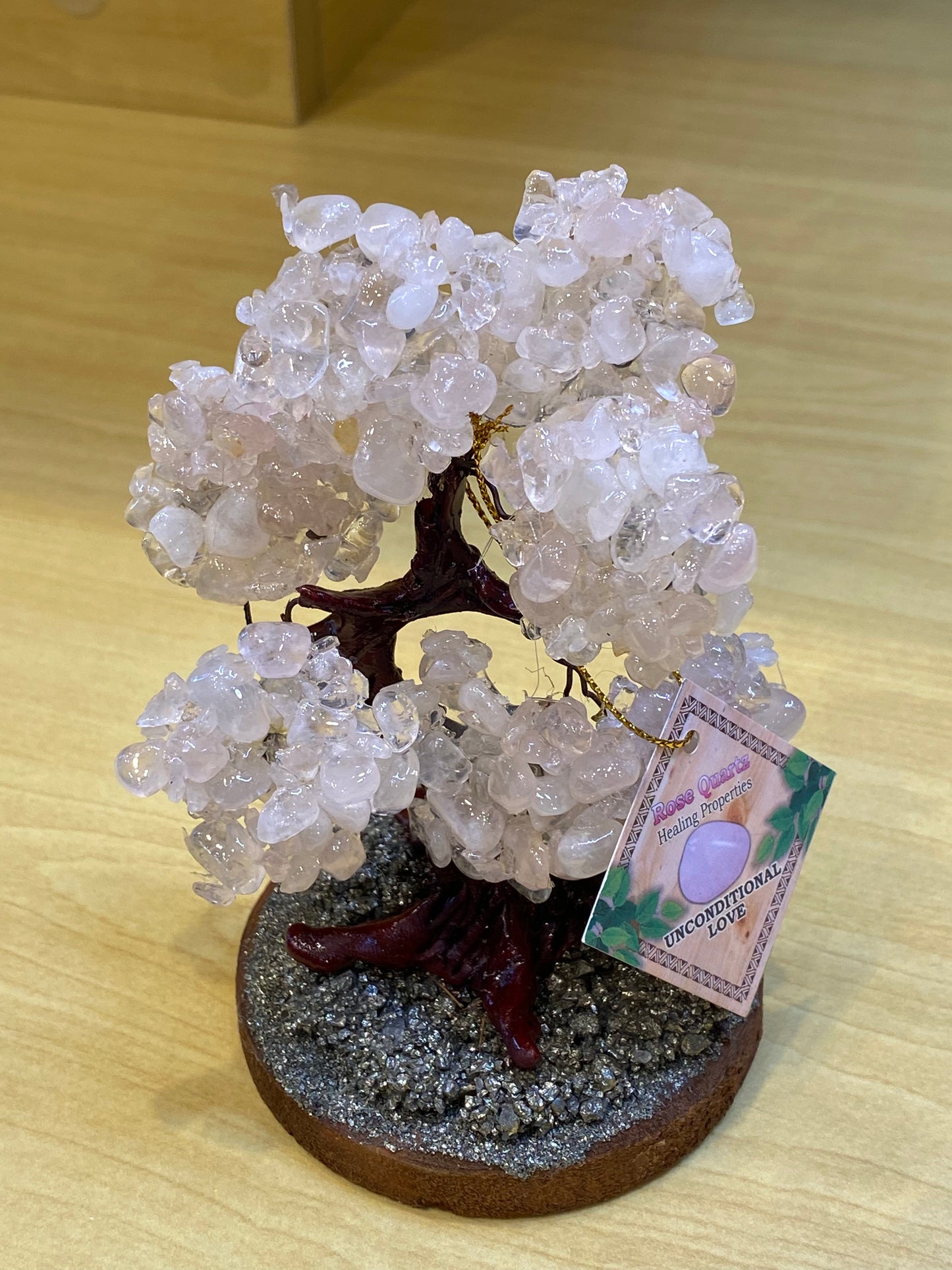 Bonsai Love and Fortune Gemstone Rose Quartz Tree on Pyrite