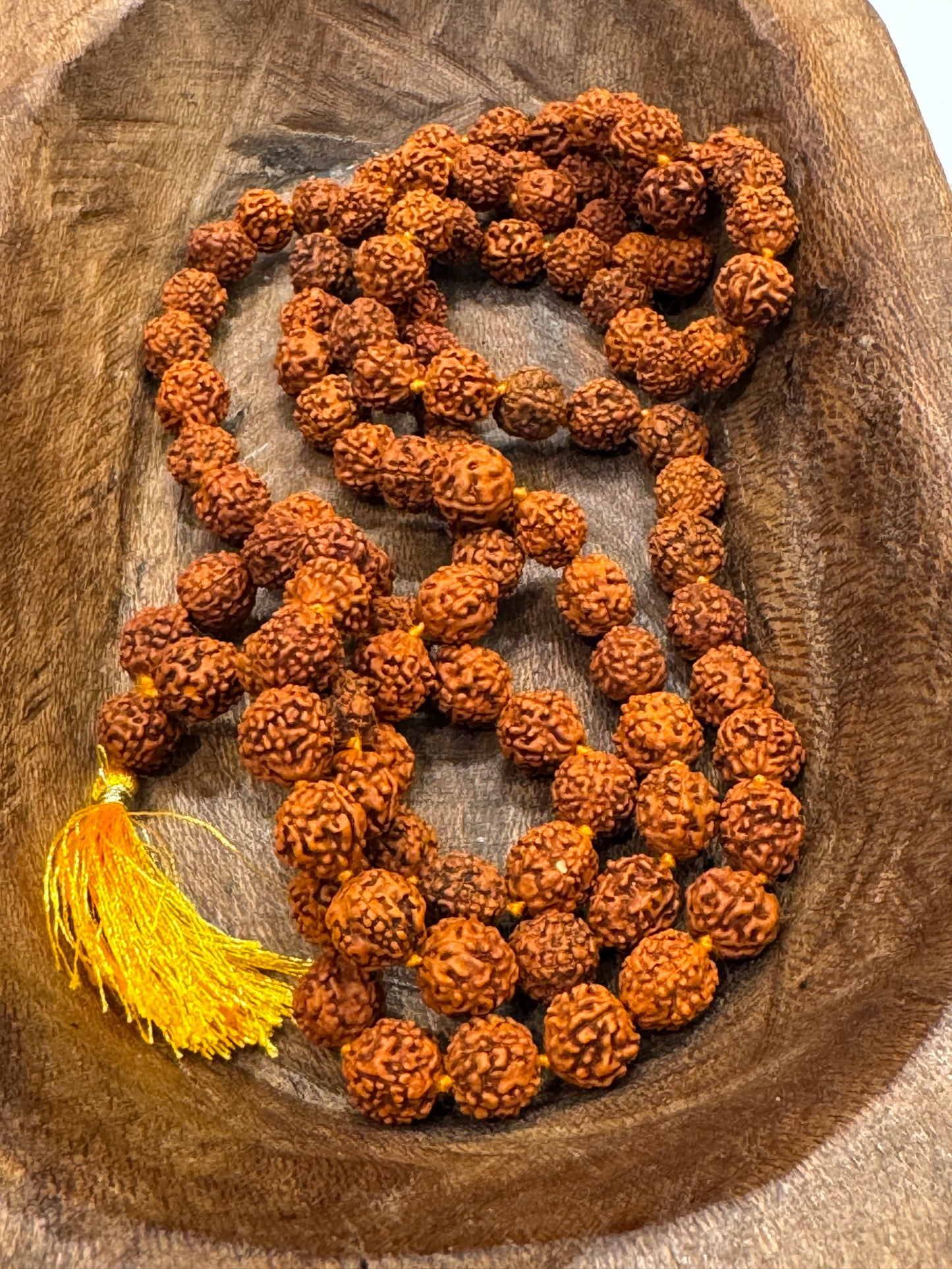 Rudraksha Seed Mala Japamala with Golden Yellow Tassel – Root and Sacral Chakra Power Mala - Large Seed 14mm