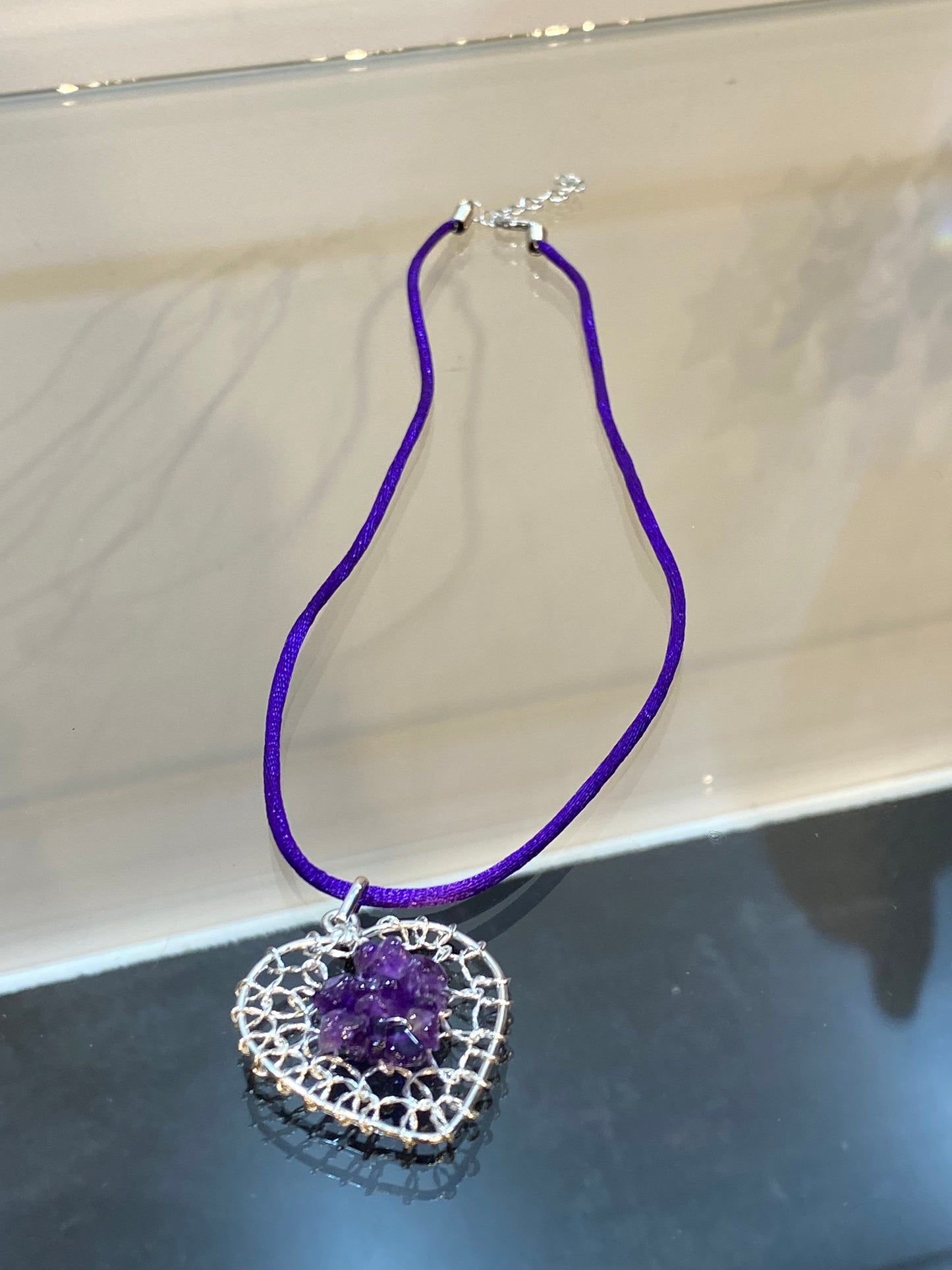 Amethyst Chip Silver Wired Heart Pendant With Purple Cord Necklace