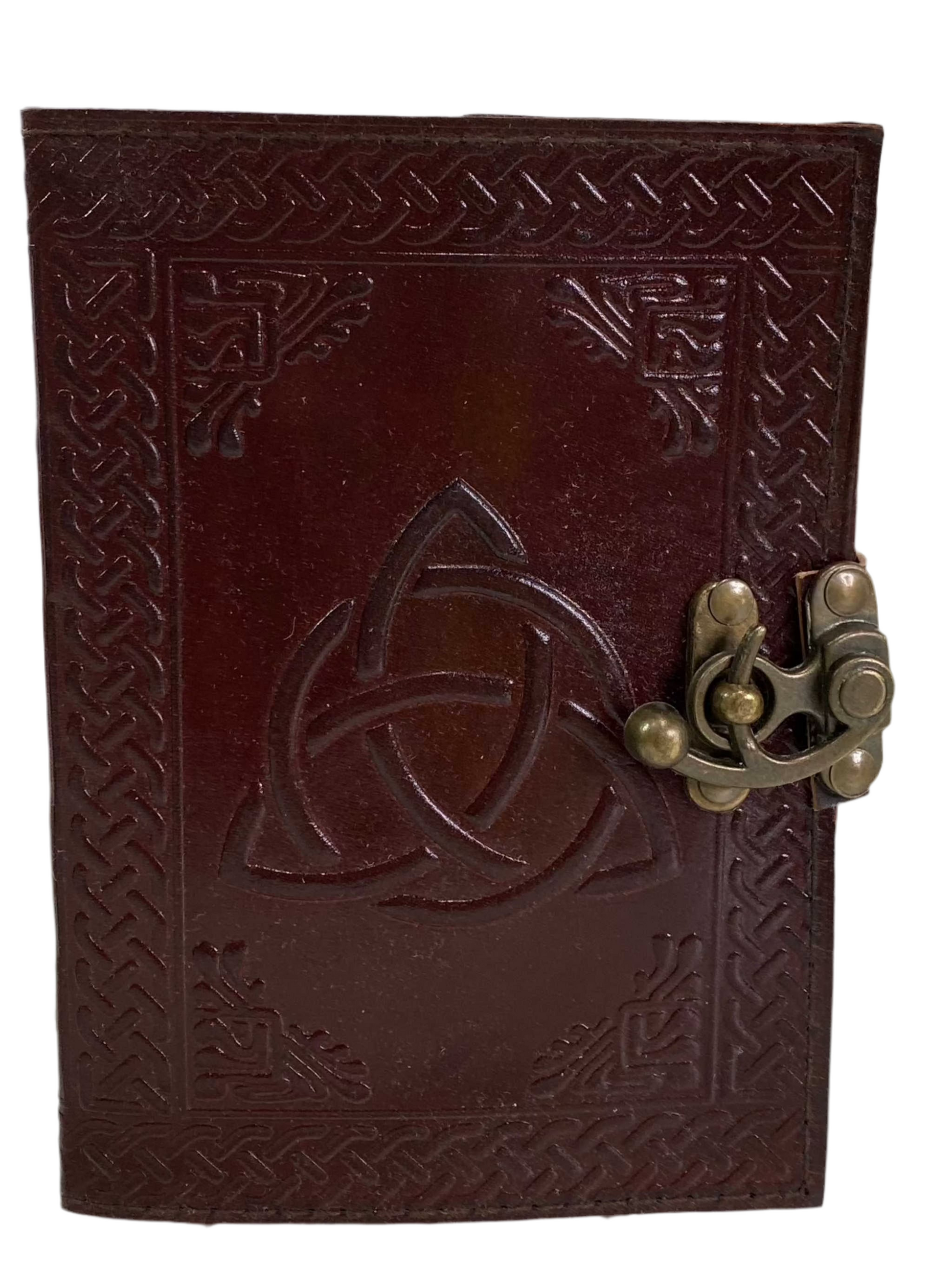 Handcrafted Triquetra Leather Journal Book with latch closure and embossed design.