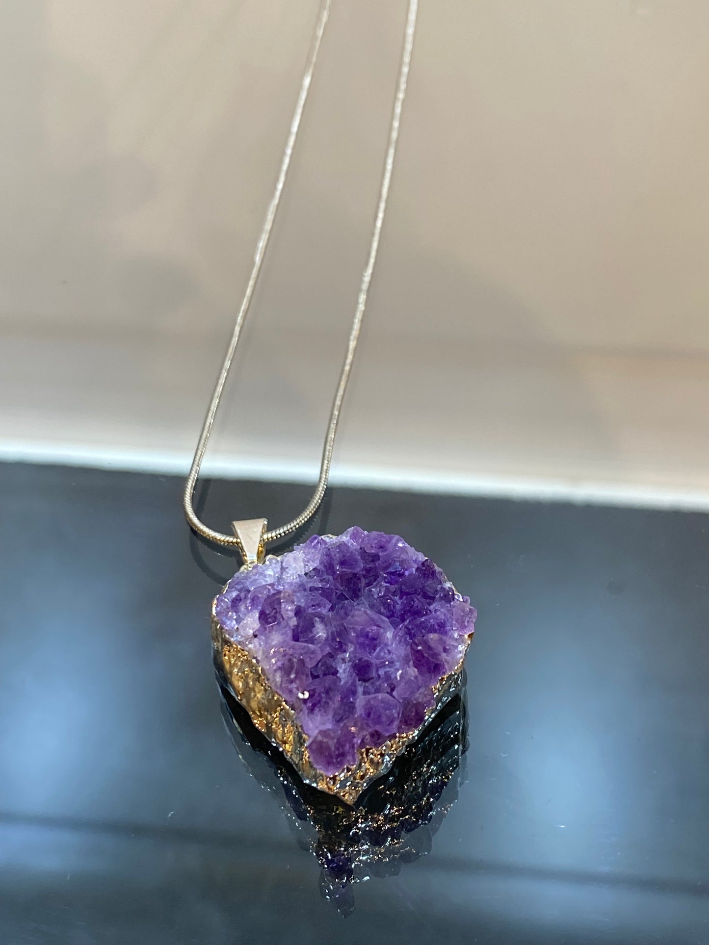 Amethyst Druzy Cluster Pendant With Silver Necklace