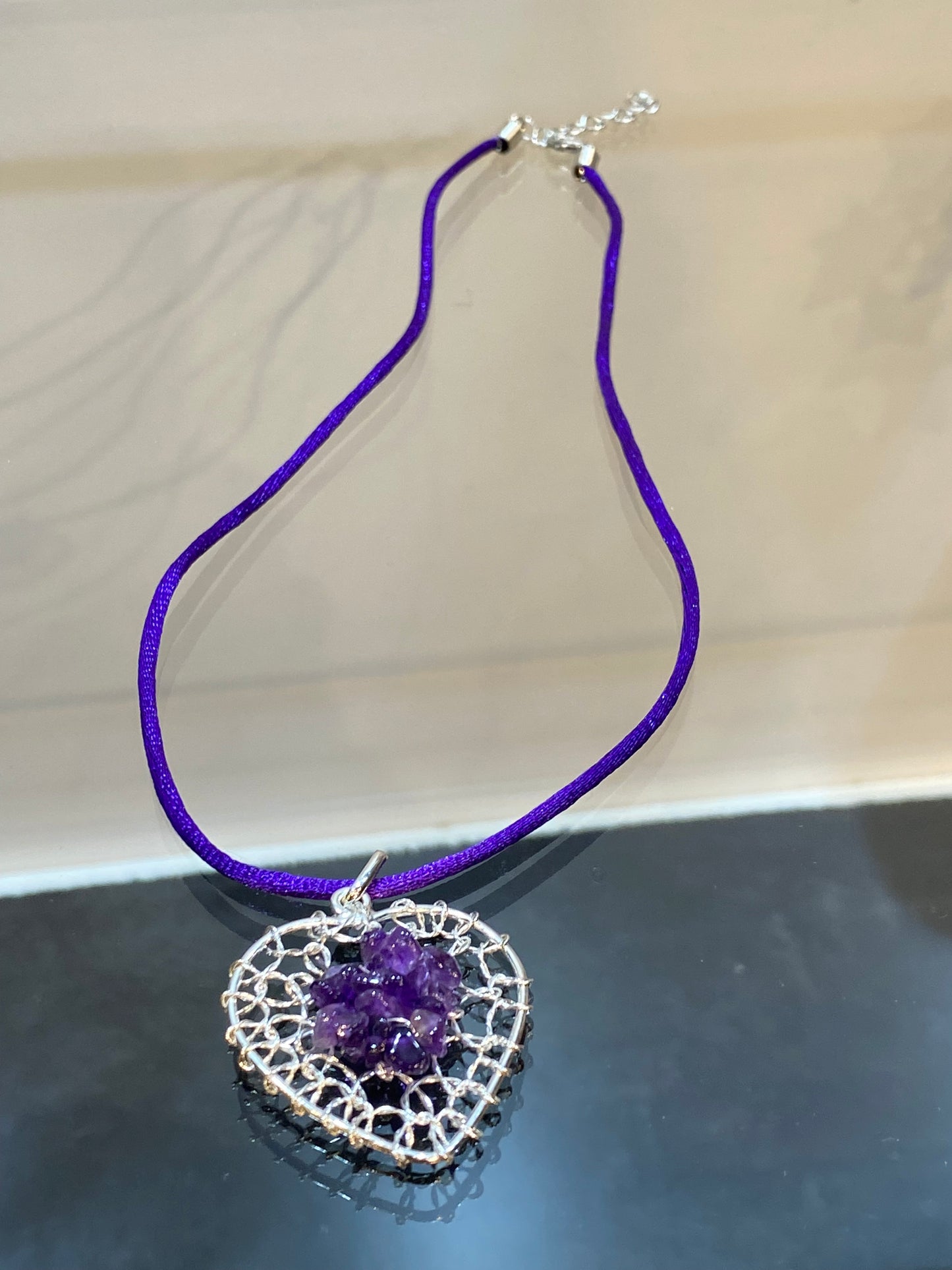 Amethyst Chip Silver Wired Heart Pendant With Purple Cord Necklace