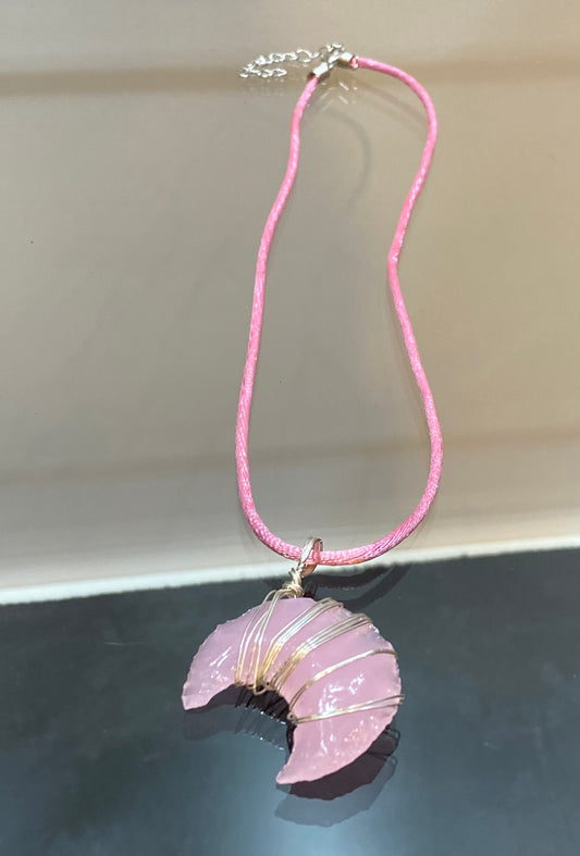 Rose Quartz Crescent Moon Silver Wire Wrapped Pendant with Pink Cord Necklace