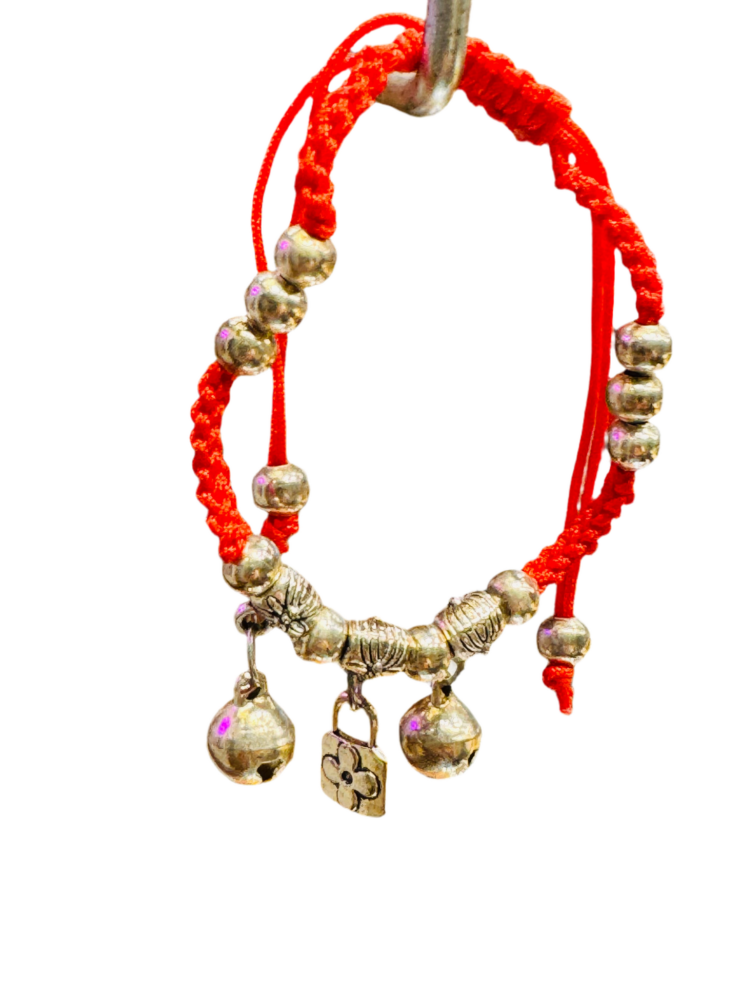 Red String Bracelet Silver Beads With Lock Cross, Beads and Bells