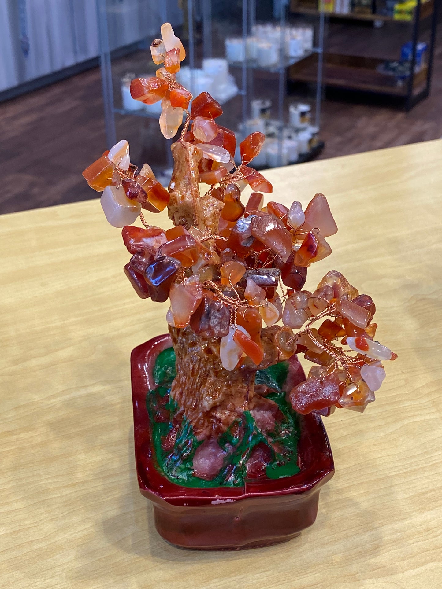 Feng Shui Bonsai Tree Desktop  Tumbled Carnelian in a Red Tub