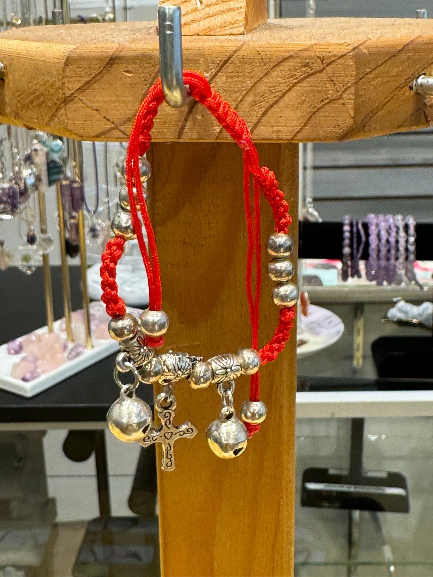 Red String Braided Pull Tie Bracelet Silver Beads, Bells and Etched Heart Cross Charm