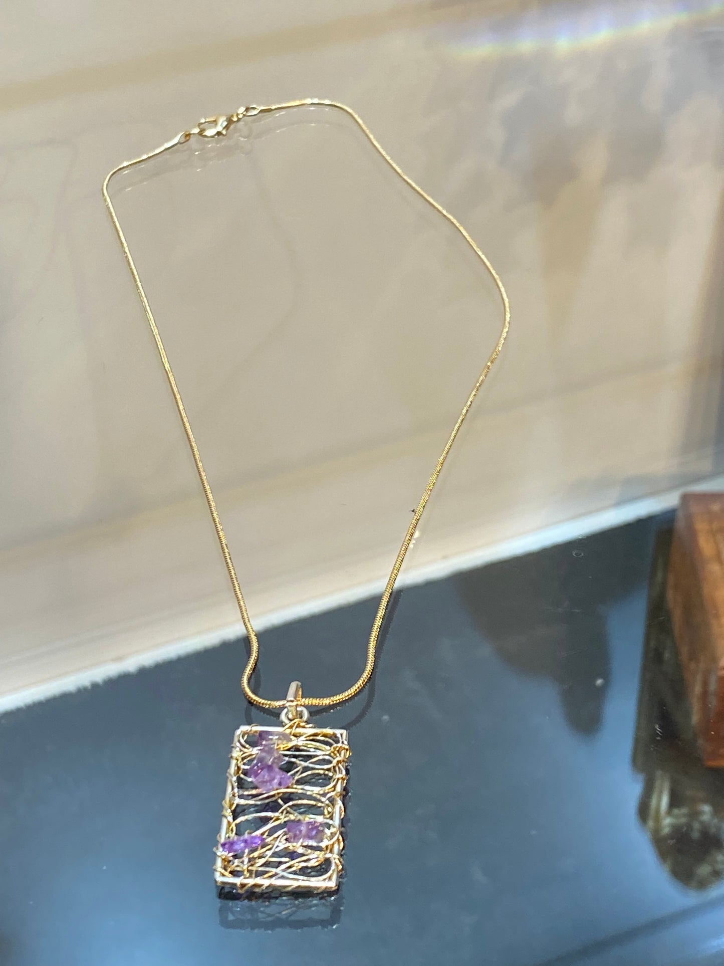 Wire Wrapped Amethyst Chips Pendant with Gold Plated Necklace