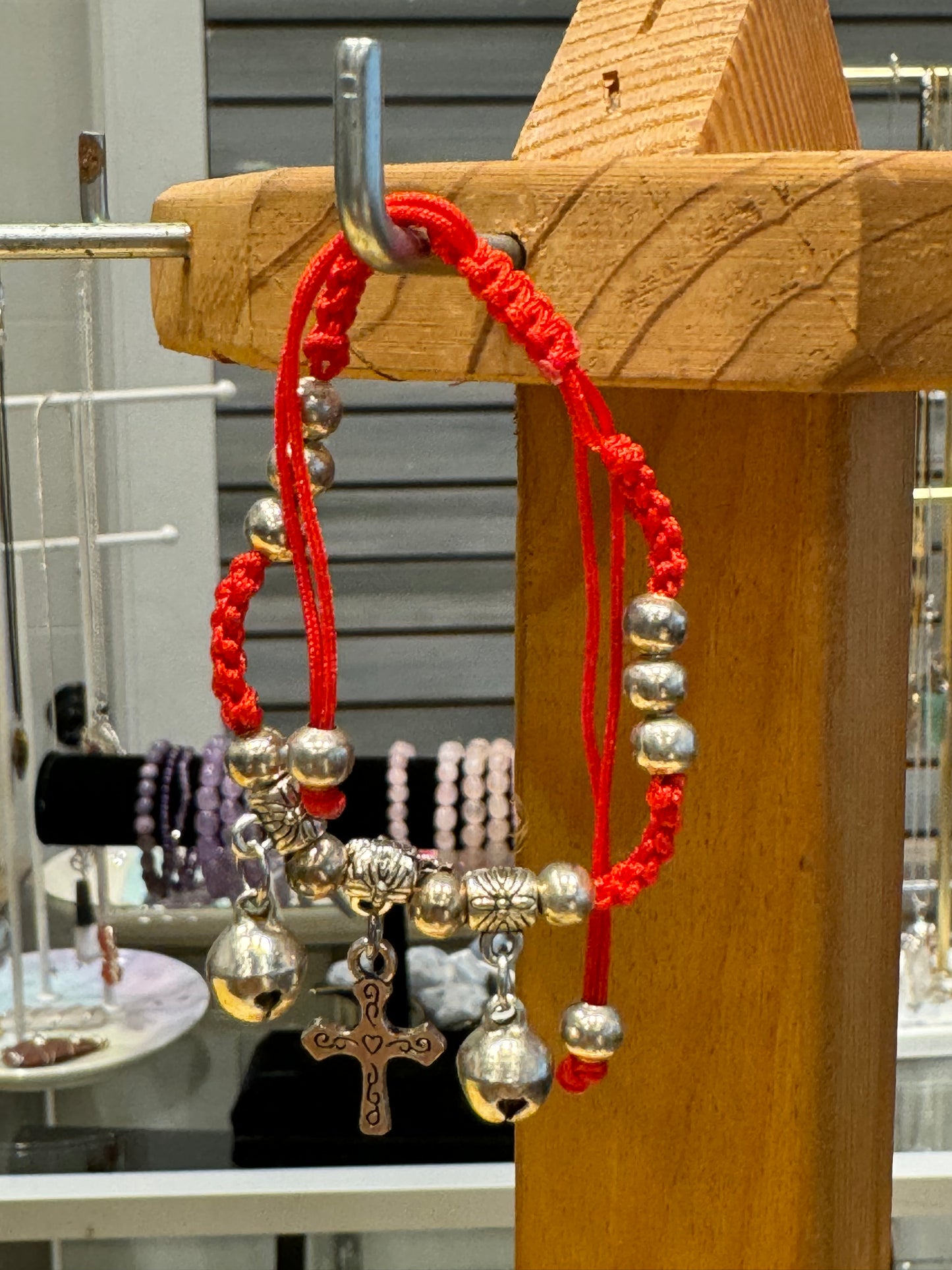 Red String Braided Pull Tie Bracelet Silver Beads, Bells and Etched Heart Cross Charm