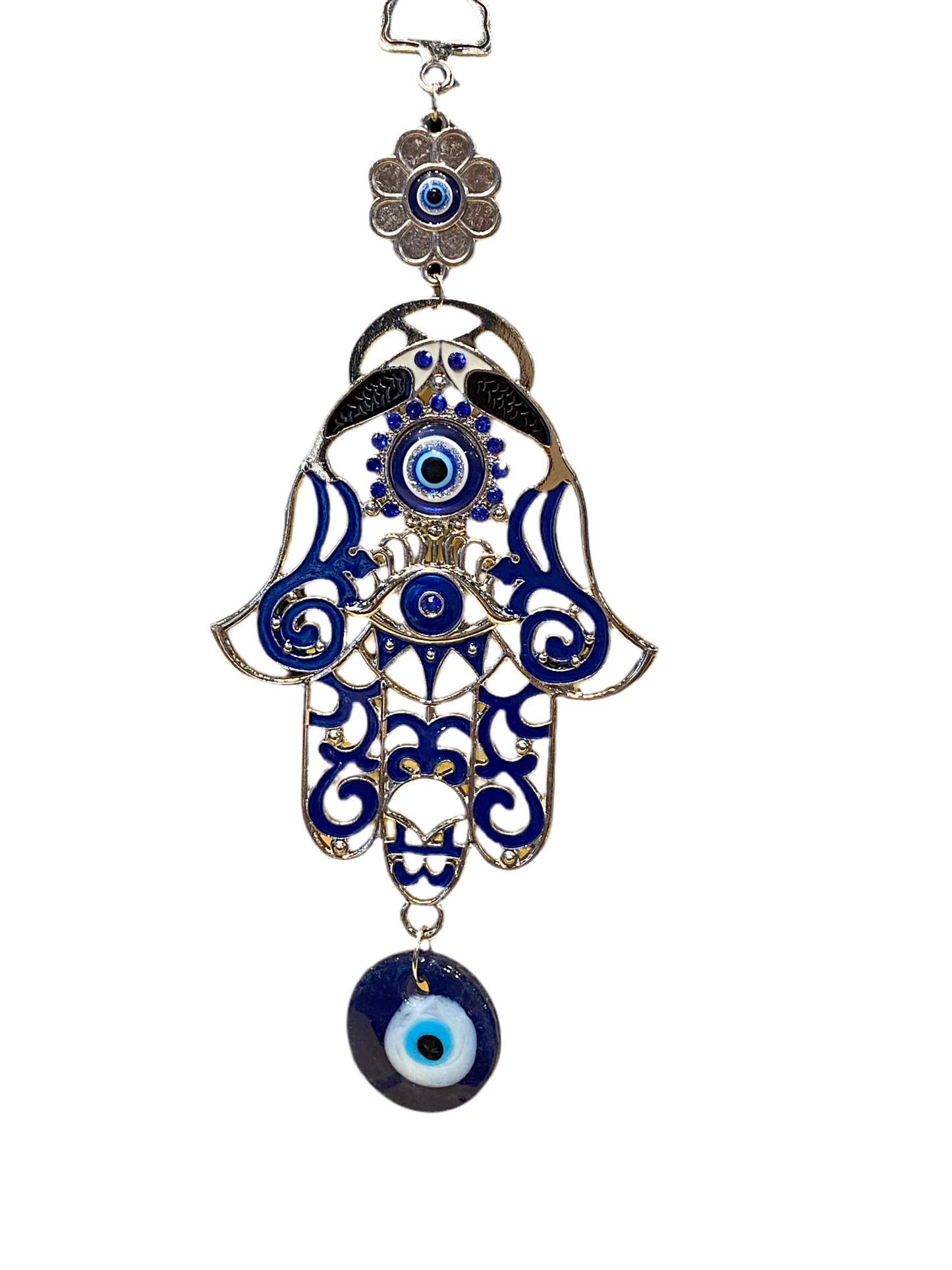 Blue Hand Of Fatima Door & Wall Talisman W/White And Black Fish & Evil Eye Amulet