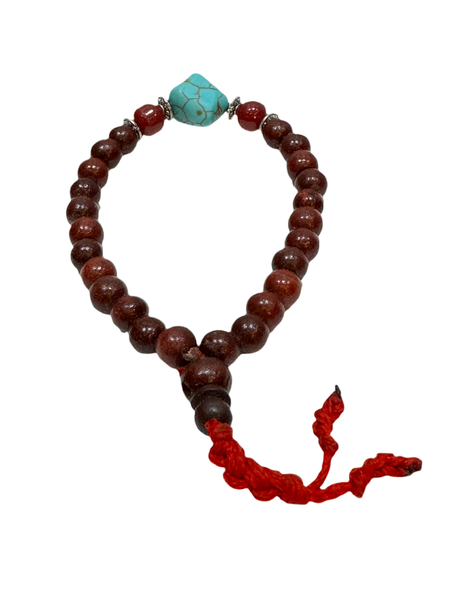 Rosewood, Turquoise and Brass Mala Beaded Bracelet Red String