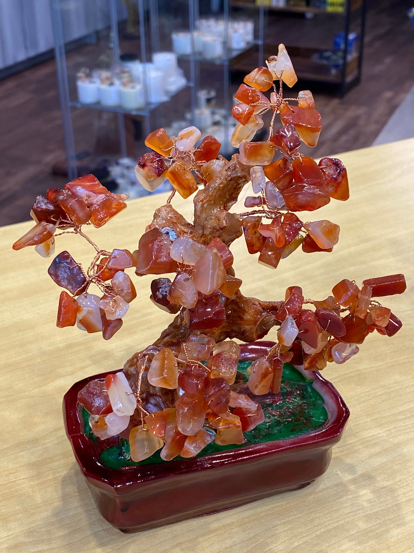 Feng Shui Bonsai Tree Desktop  Tumbled Carnelian in a Red Tub