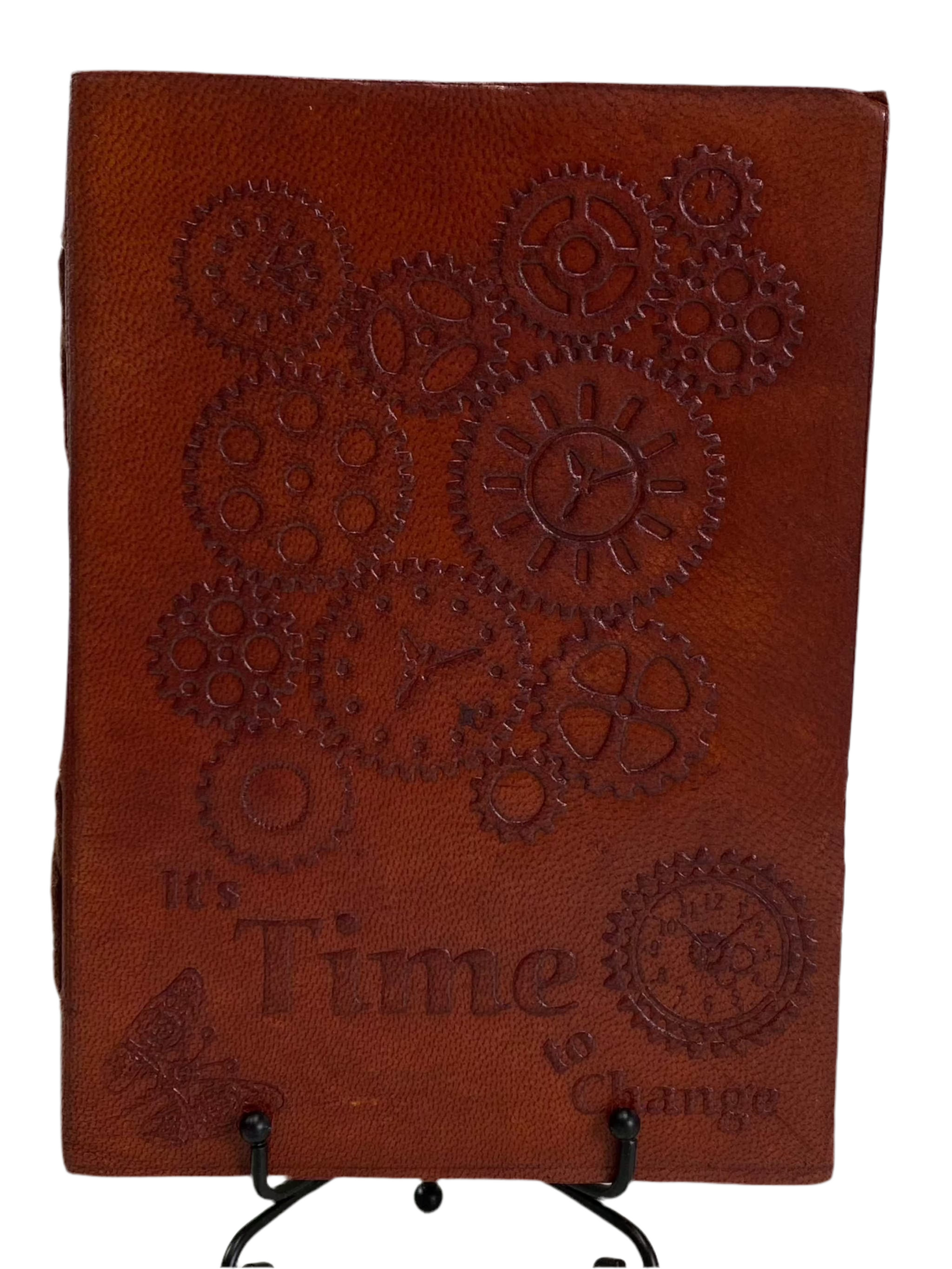 Leather carved "Time to Change" paper journal with intricate gears design.