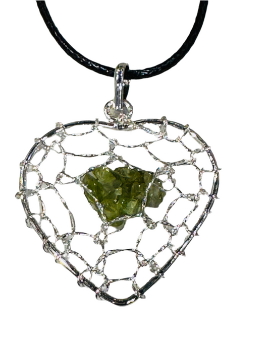 Peridot Chips Silver Heart Pendant Wire Wrapped with Black Adjustable Cord Necklace