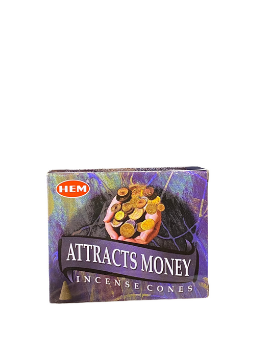 HEM Attracts Money Incense Cones package featuring vibrant design and coins.