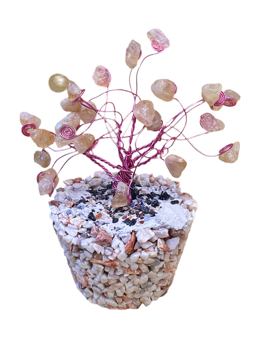 Rose Quartz Wire Coil Tree on Pebbles Rock Base