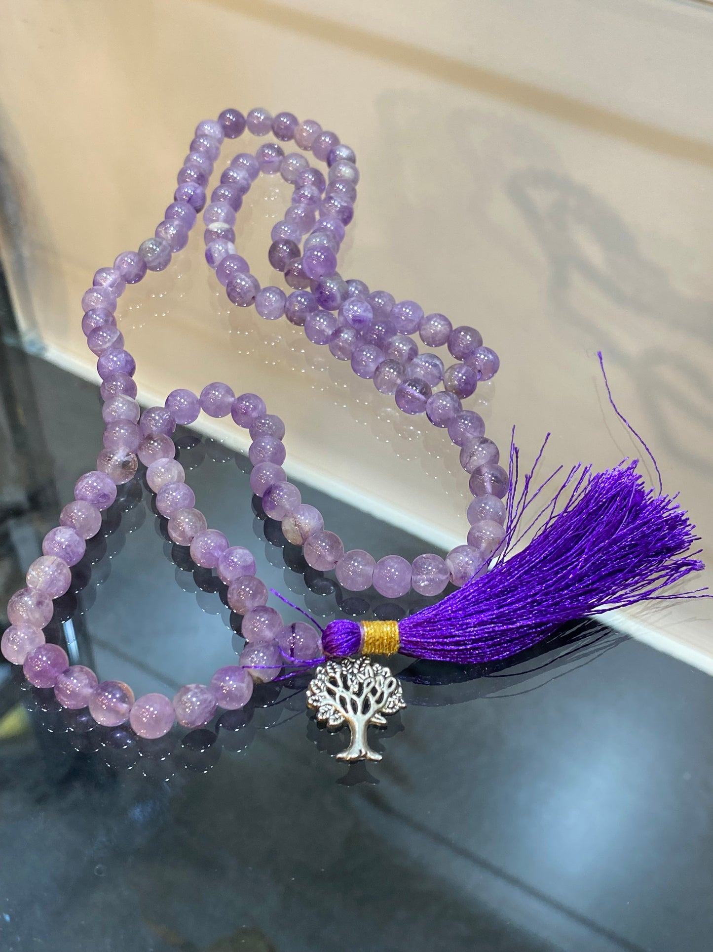 Light Amethyst Prayer Mala Necklace With Tree Of Life Charm And Purple Tassle