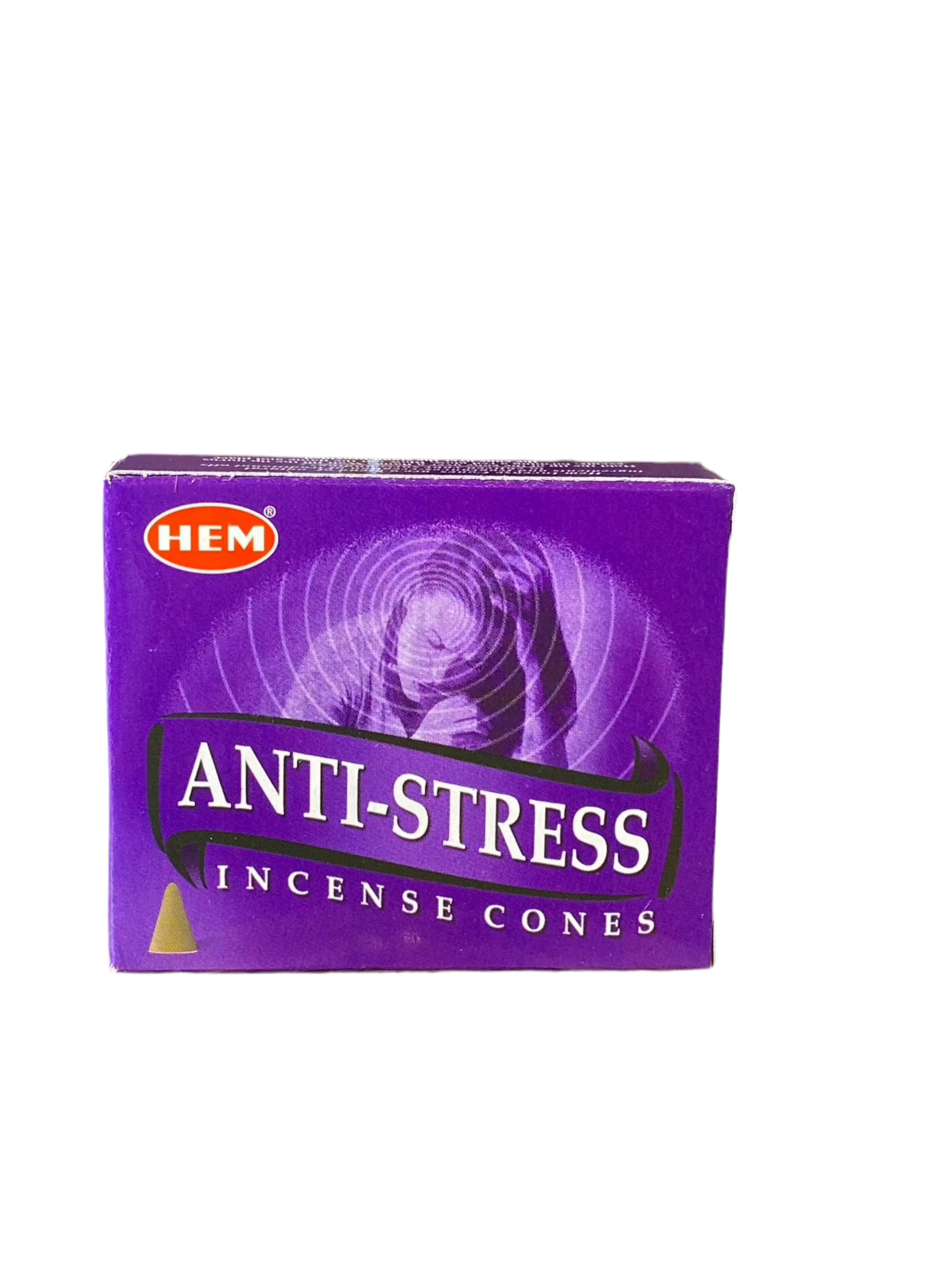 HEM Anti Stress Incense Cones box with soothing aroma, spicy floral rose, and amber woody notes.