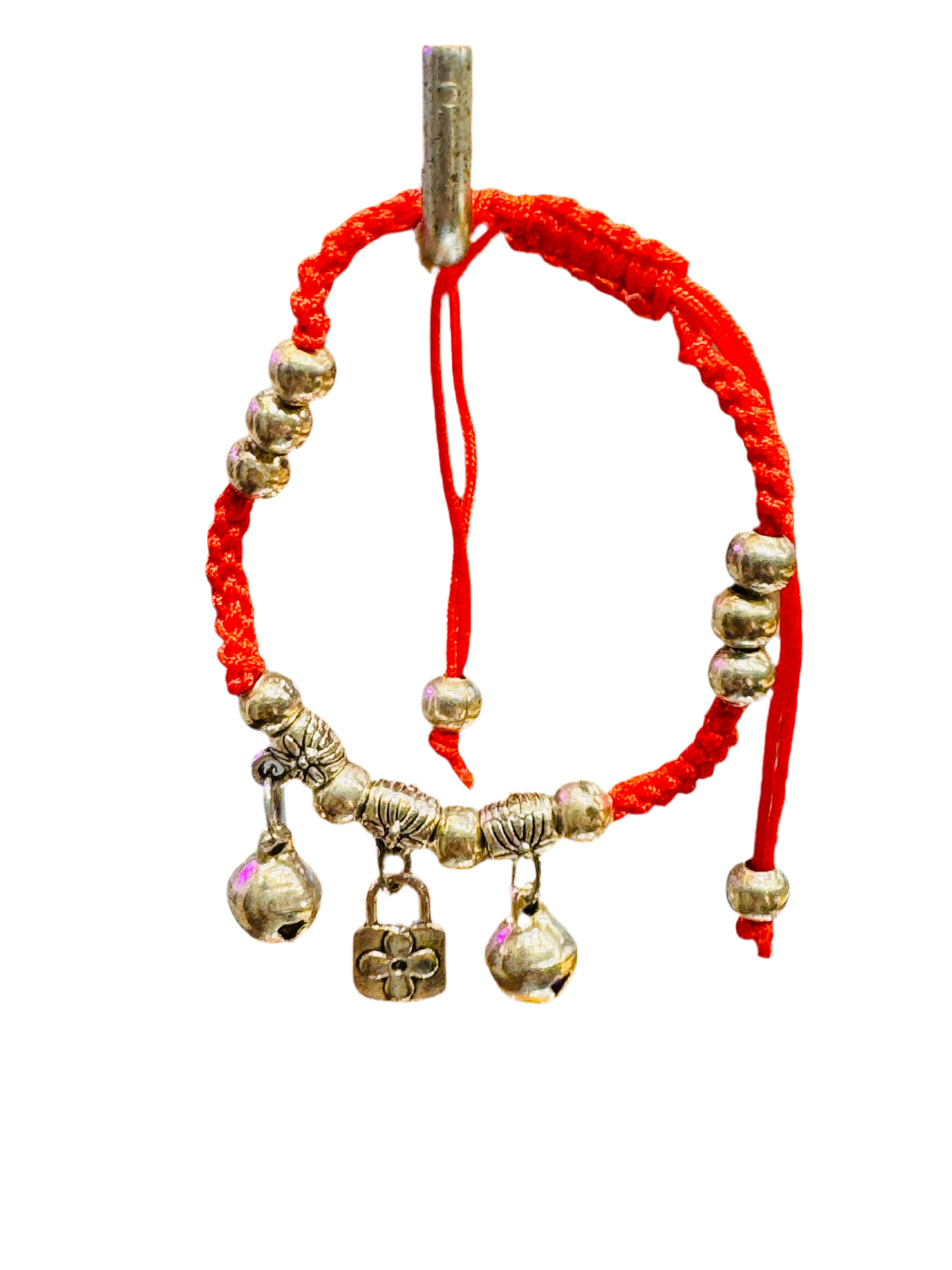 Red String Bracelet Silver Beads With Lock Cross, Beads and Bells