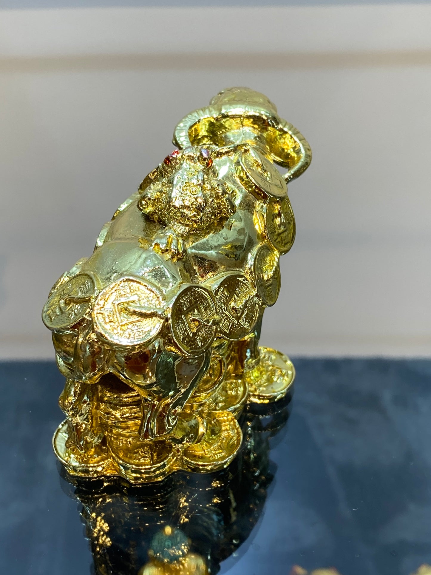 Feng Shui Golden Shiny Color Money Ox with Money Frog sitting on Top