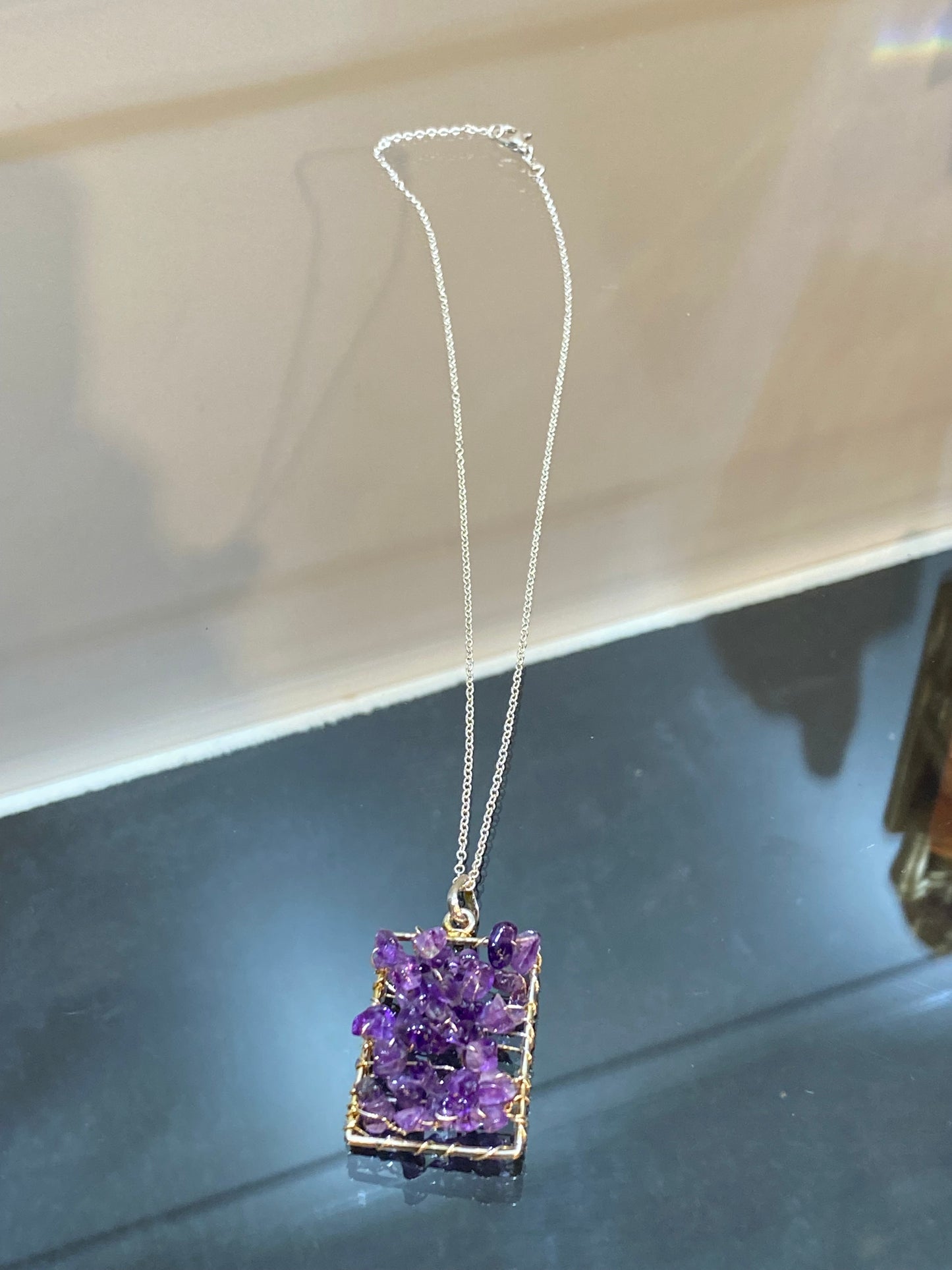 Wire Wrapped Amethyst Chips Silver Pendant with Silver Chain