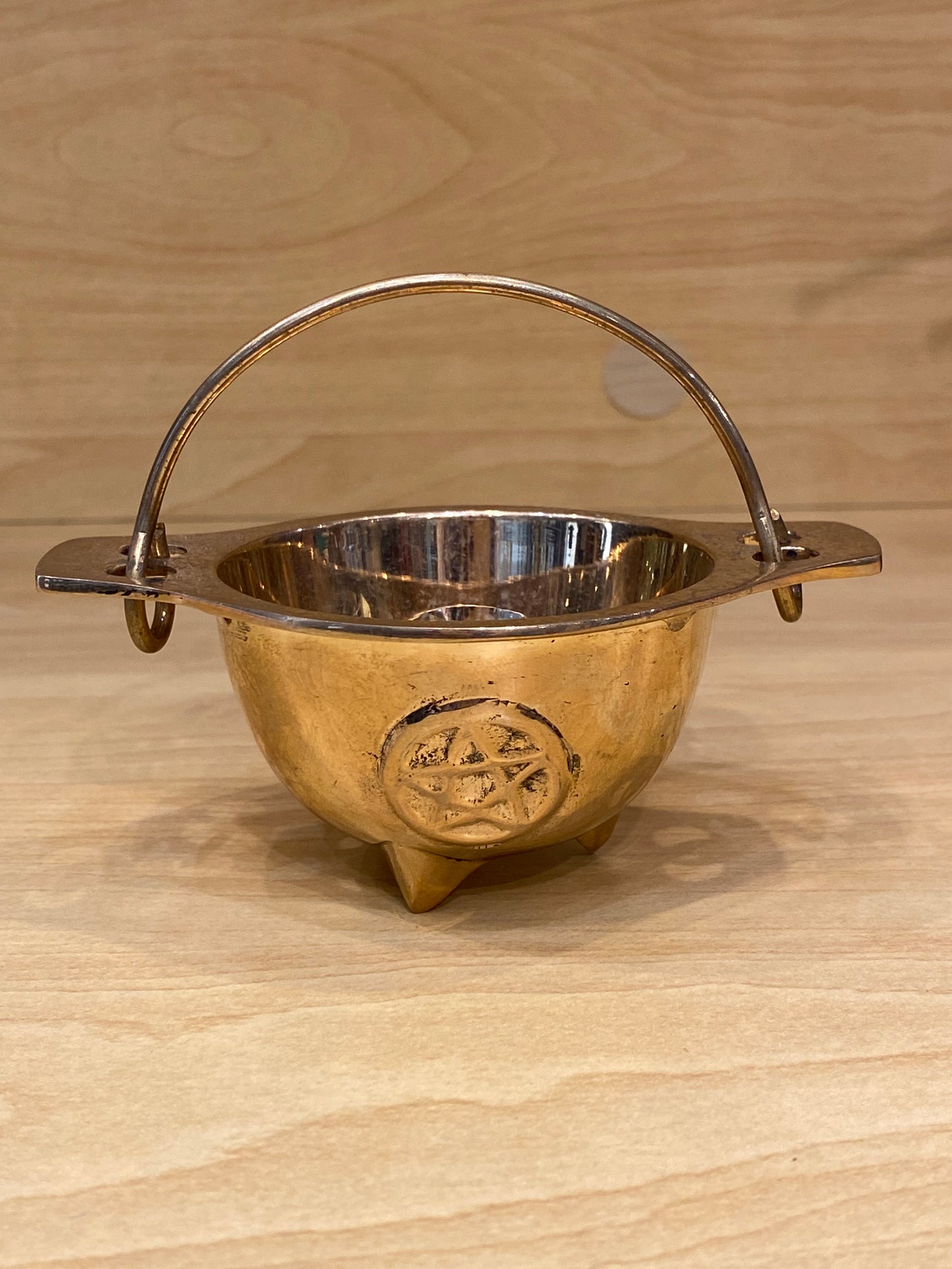 Brass Gold Cauldron With Engraved Pentacle and Handle