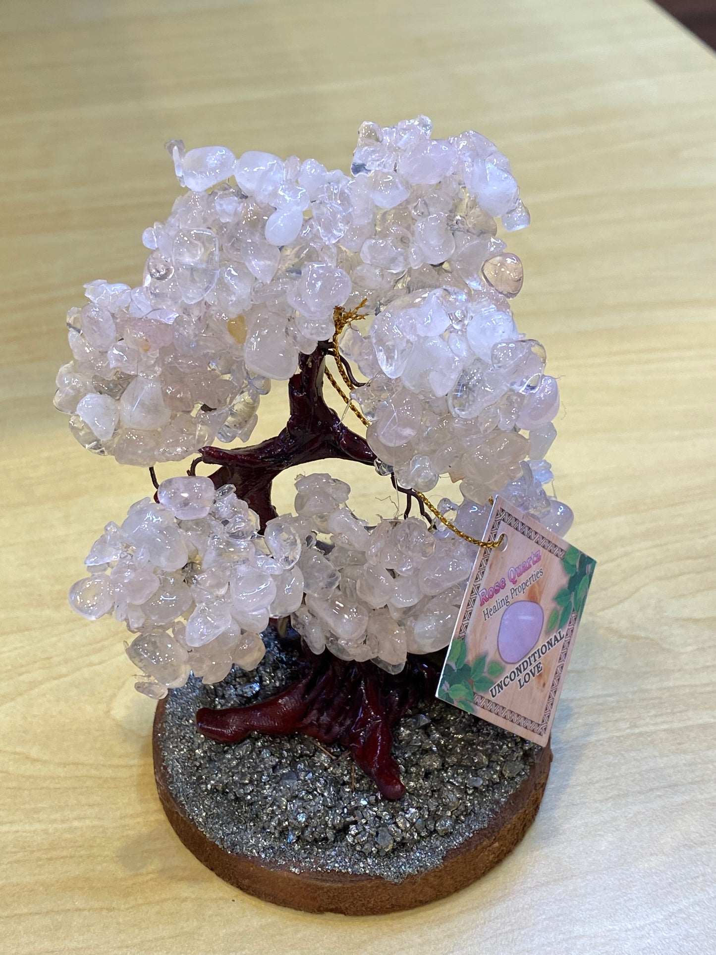 Bonsai Love and Fortune Gemstone Rose Quartz Tree on Pyrite