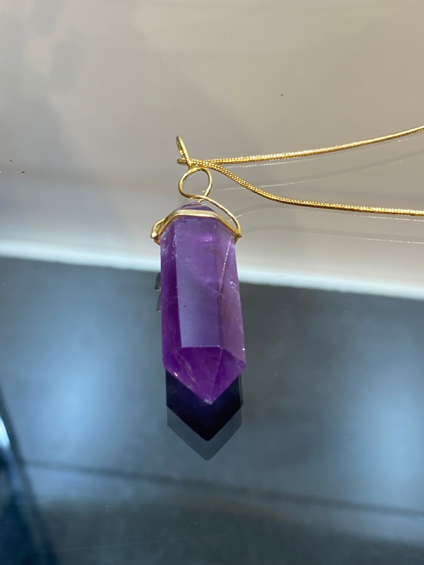 Amethyst Double Terminated Point Gold Overlay Twist Pendant with Gold Chain