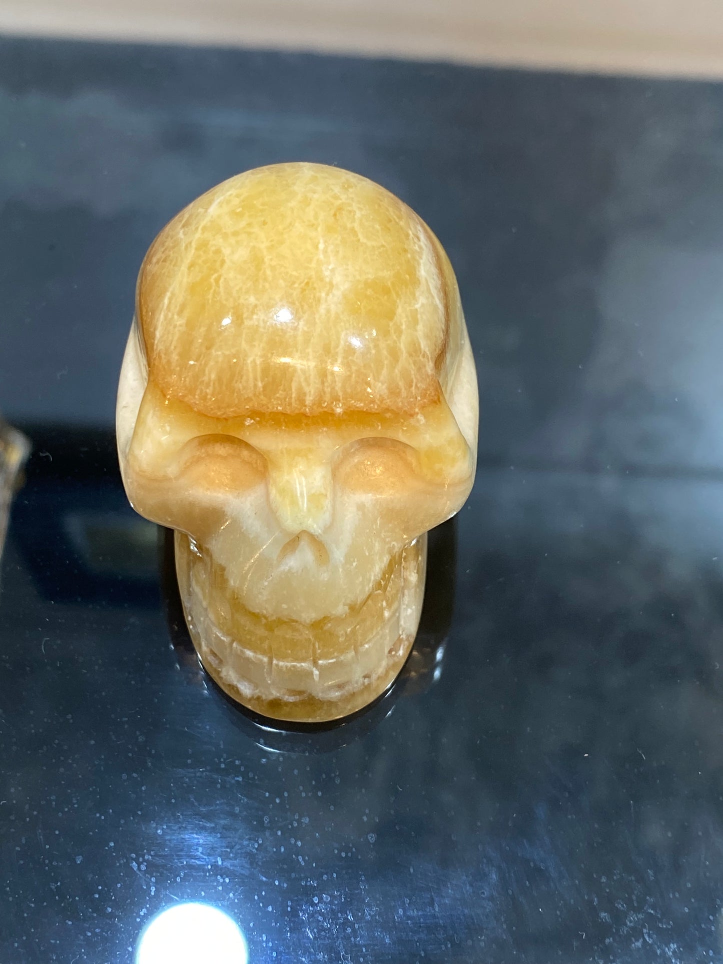 Polished Natural Hand Carved Yellow Calcite Gemstone Skull