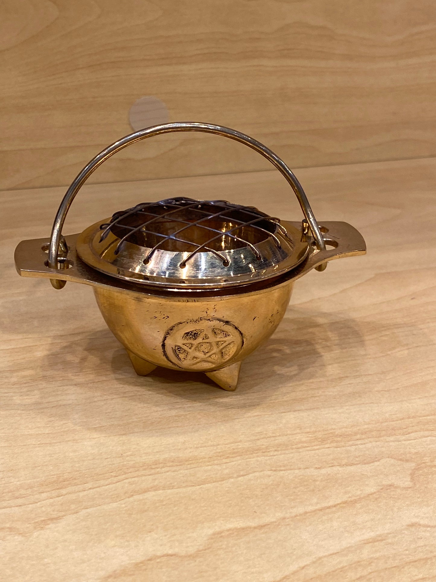 Brass Pentacle Cauldron With Grid Top and Handle