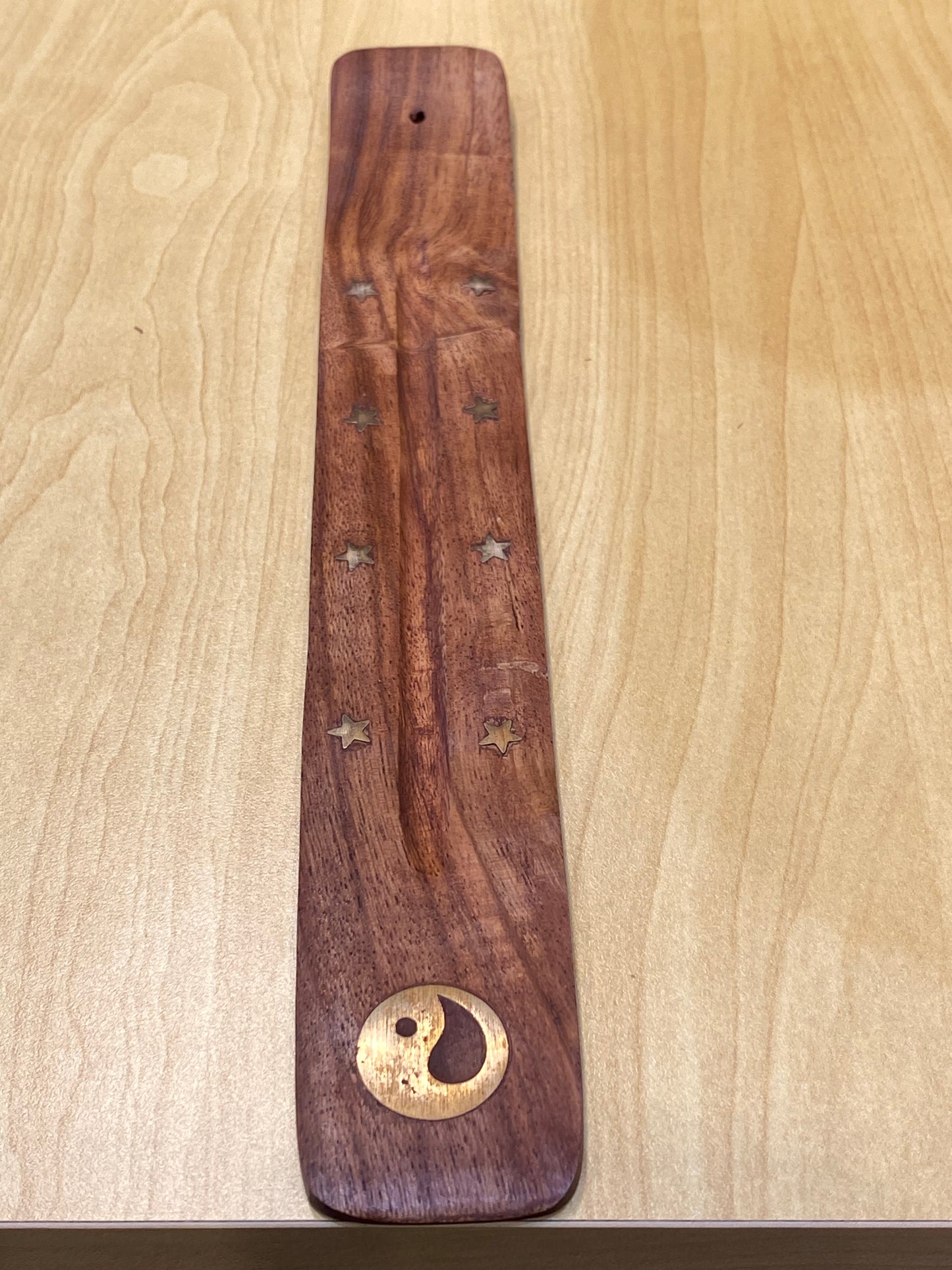 Wooden Ash Catcher Brass Inlay Yin Yang and Stars Incense Holder
