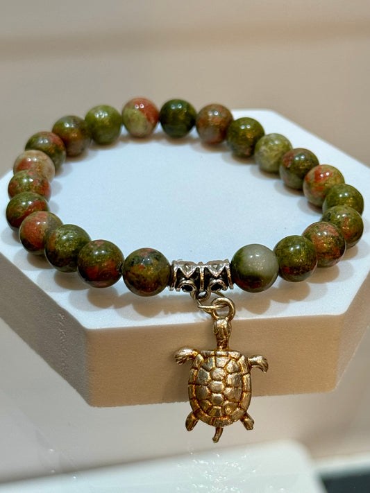 Unakite Beaded Bracelet With Turtle Charm