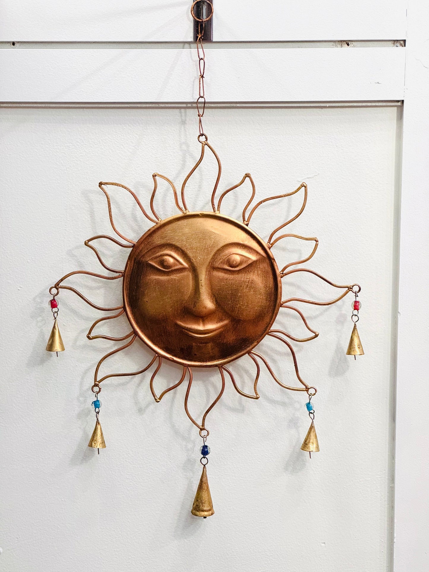 Handmade Large Metal Brass Golden Sun Smiling Face Outdoor Wind Chime with Color Bells