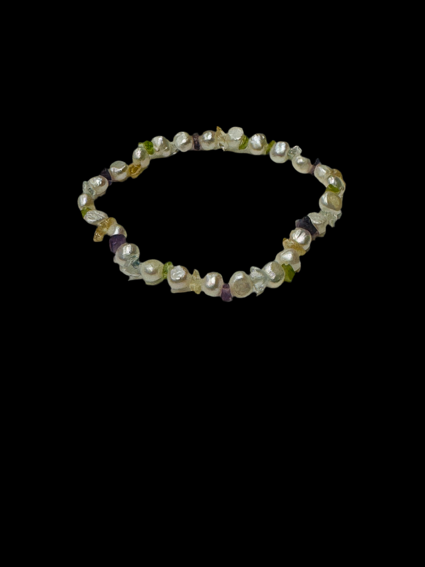 White Beaded Pearl, Amethyst, Citrine and Peridot Chips Stretch Bracelet