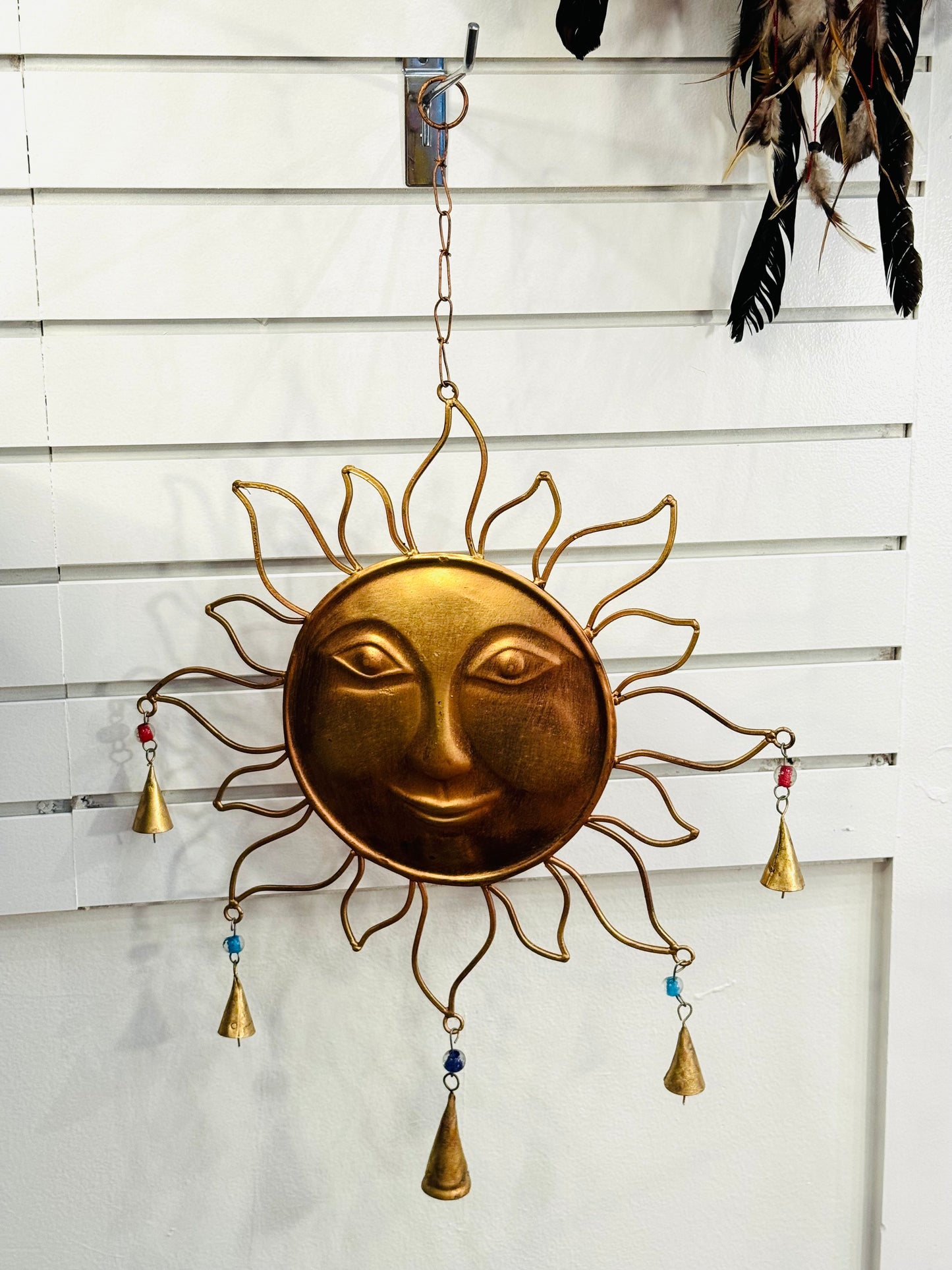 Handmade Large Metal Brass Golden Sun Smiling Face Outdoor Wind Chime with Color Bells