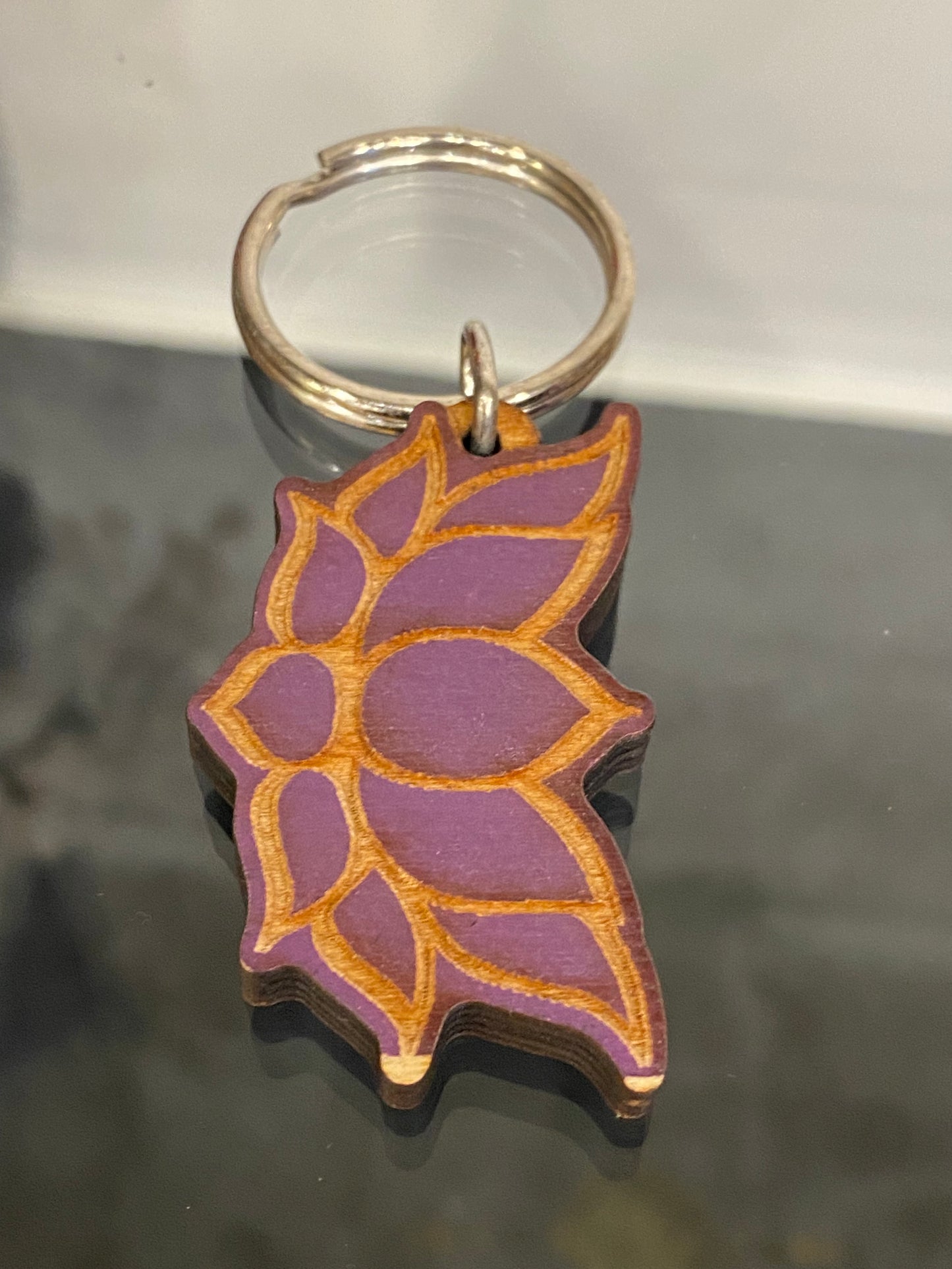 Purple Lotus Flower Wooden Key Chain