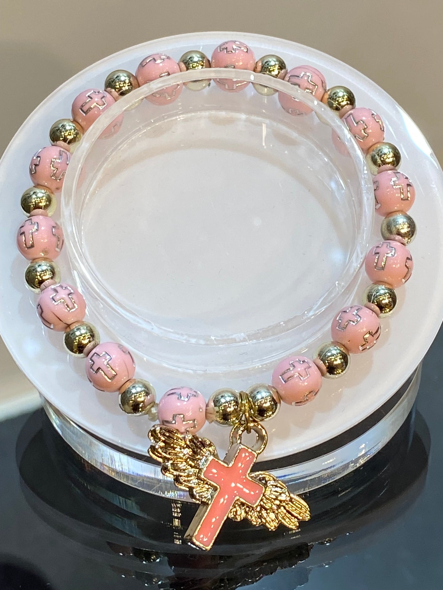 Pink and Silver Engraved Cross Beaded Stretch Bracelet With Hanging Cross Angel Wings Charm