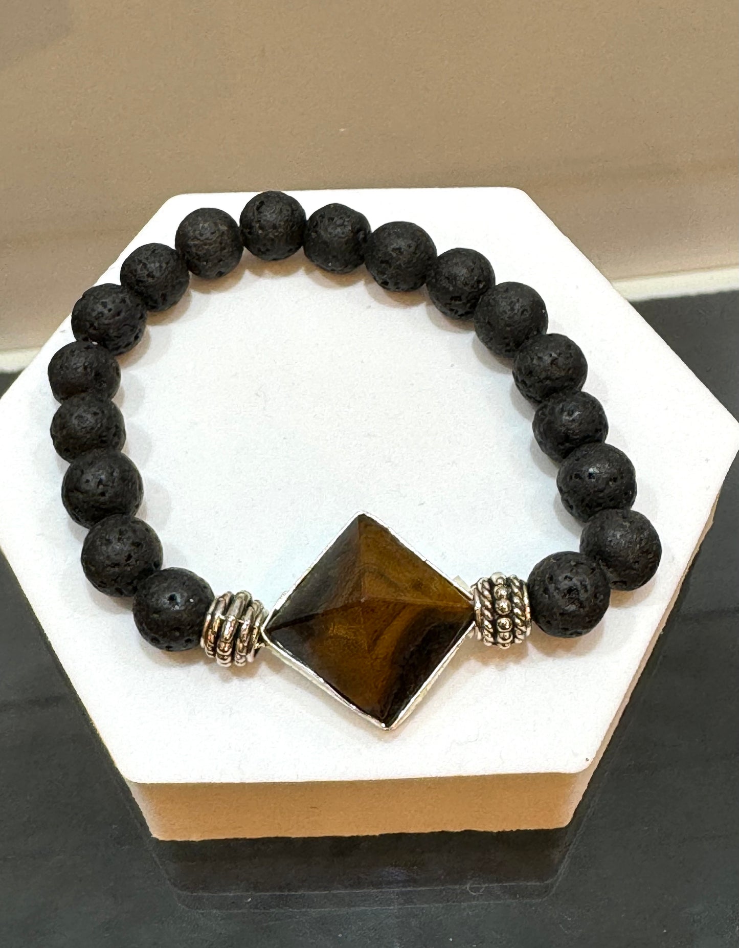 Lava Rock Gemstone Bracelet With Tiger Eye Pyramid