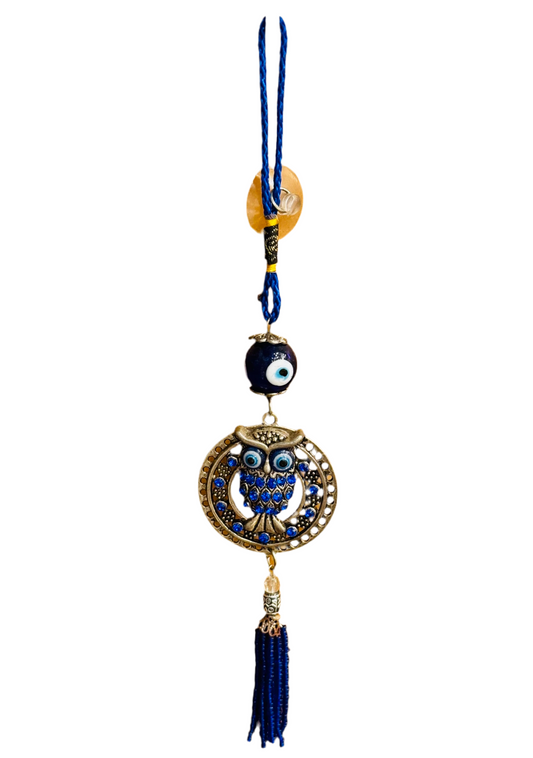 Owl Blue Crystal Stones Evil Eye Hanging Car Decor Ornament with Beaded Tassels