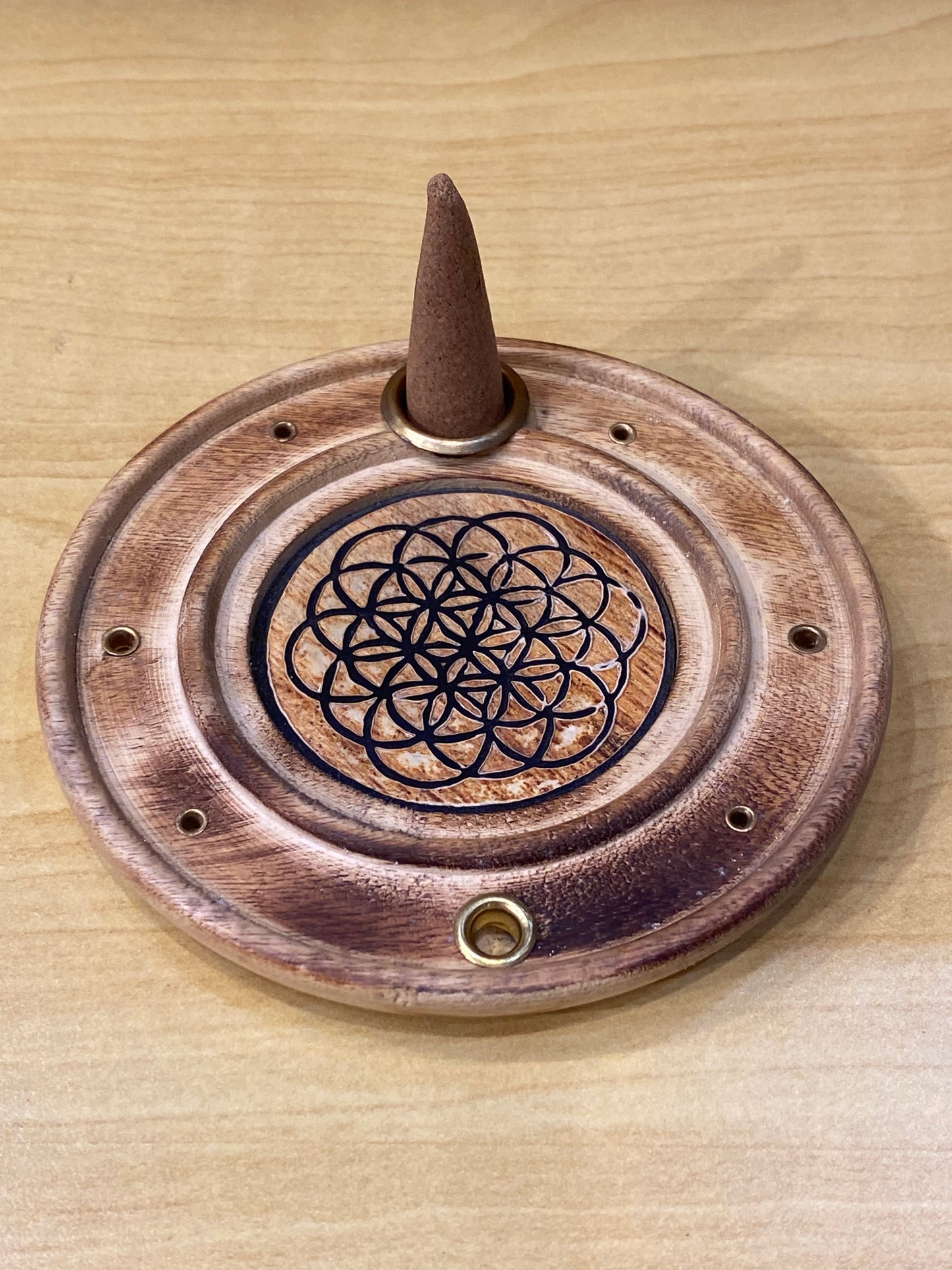 Wood Round Flower Of Life Incense Cone and Stick Burner
