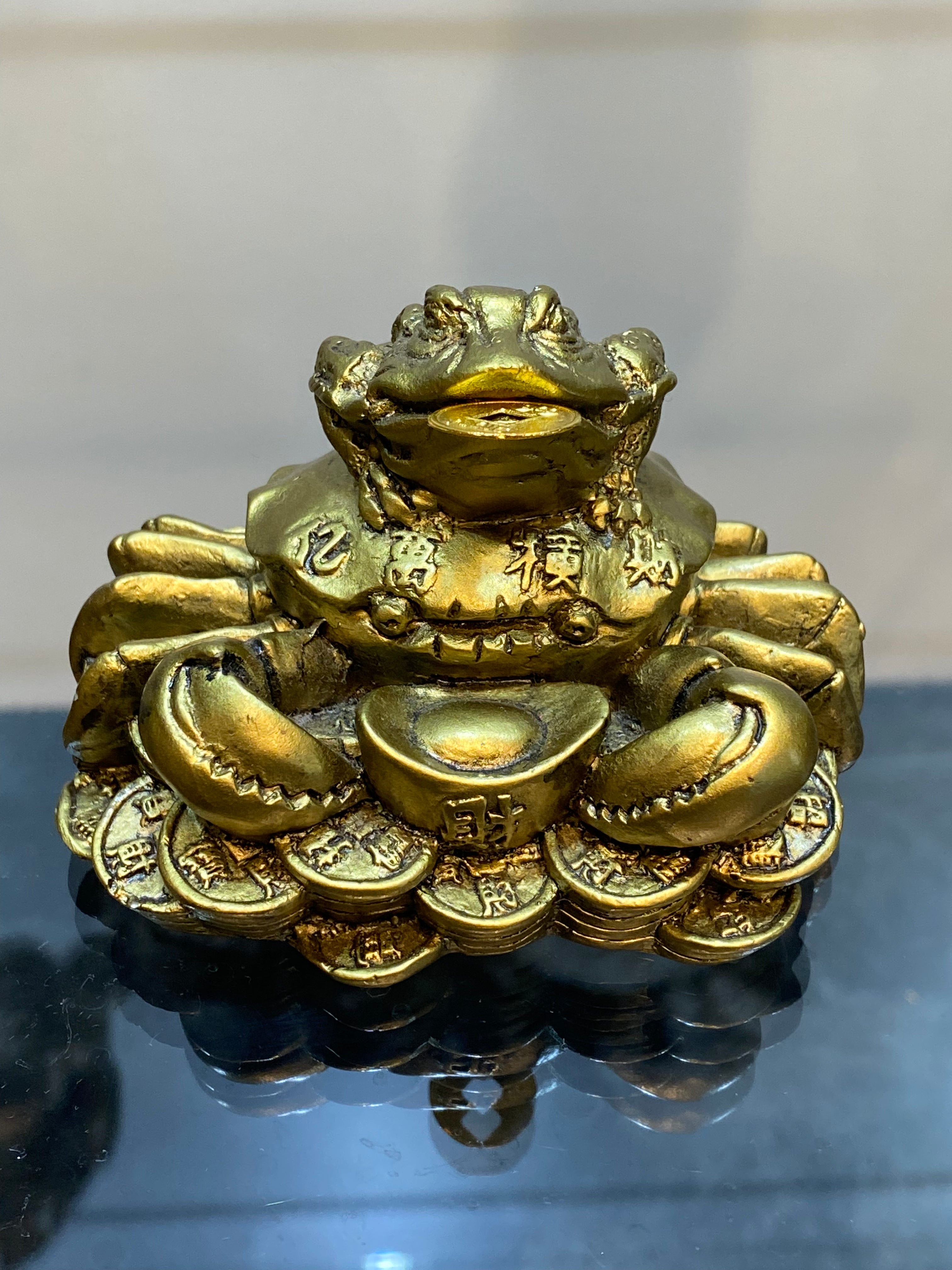 Feng Shui Money Frog sitting on a Crab Mount of Golden Chinese