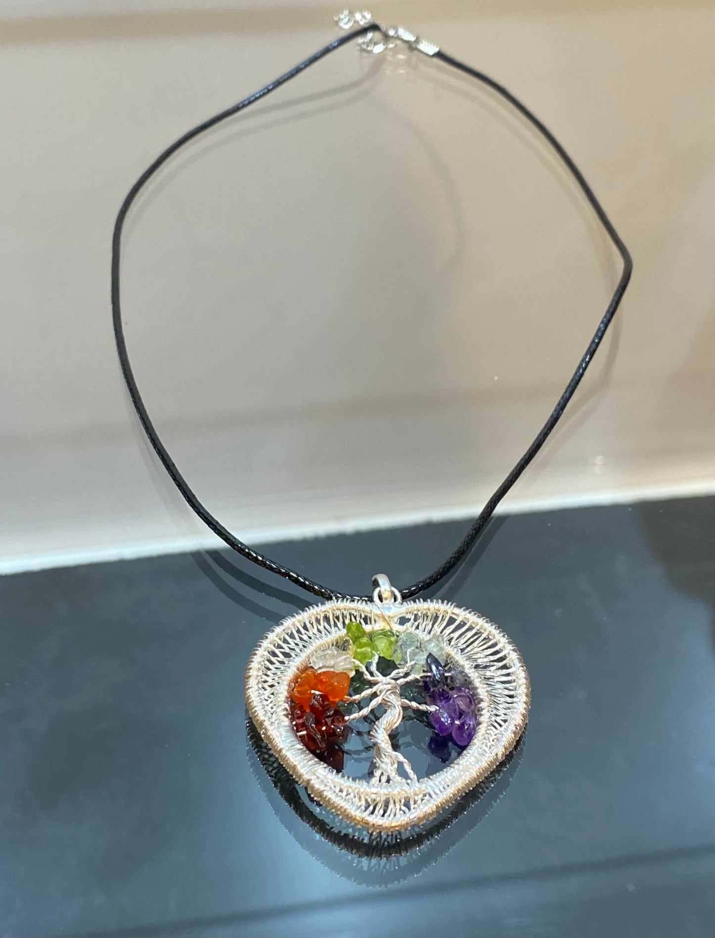 7 Chakra Chips Tree of Life Silver Wire Wrapped Heart Pendant with Black Cord Necklace