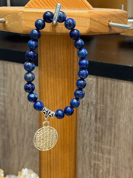 Lapis Lazuli Gemstone Bracelet With Flower of Life Charm