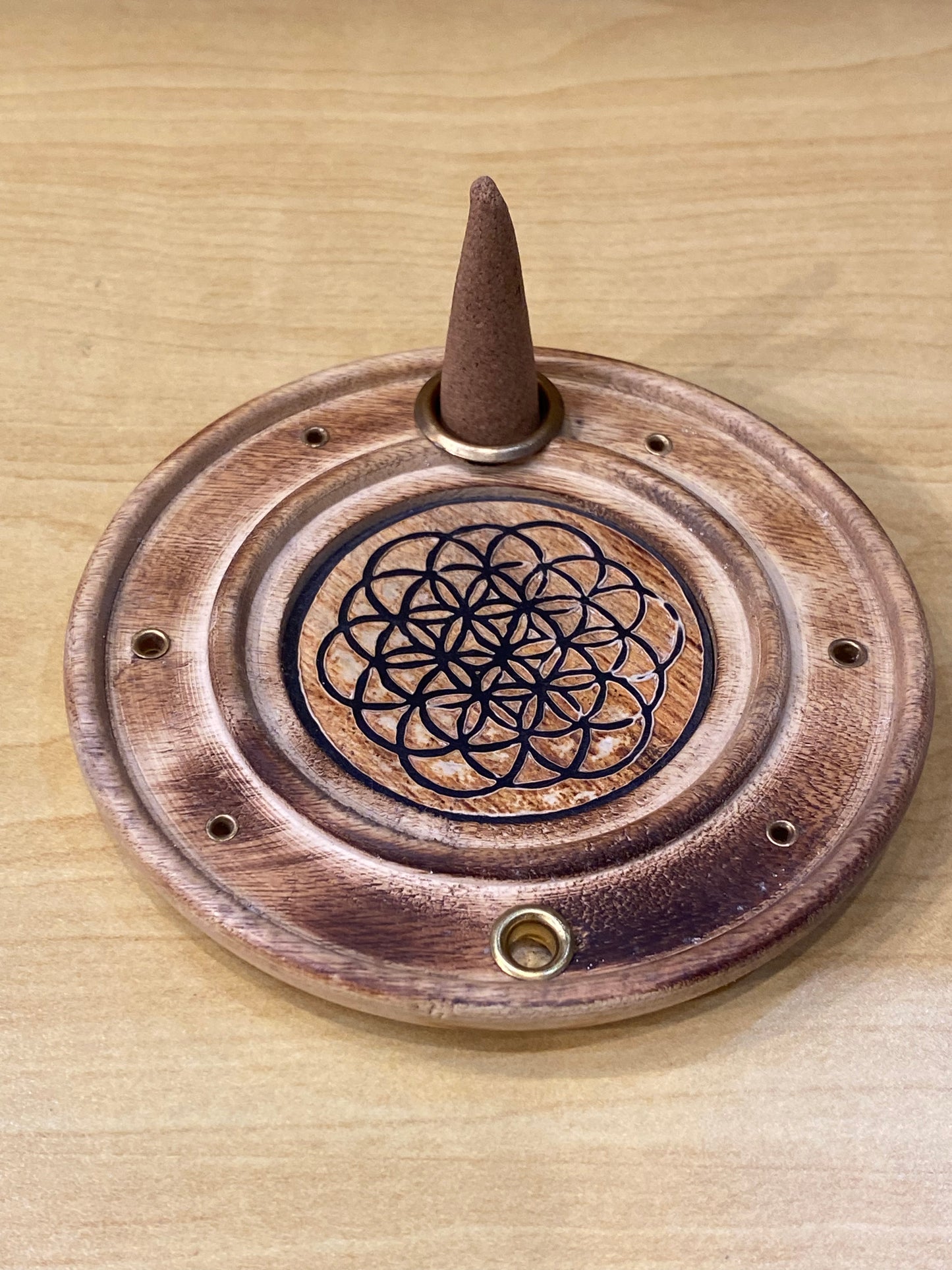 Wood Round Flower Of Life Incense Cone and Stick Burner