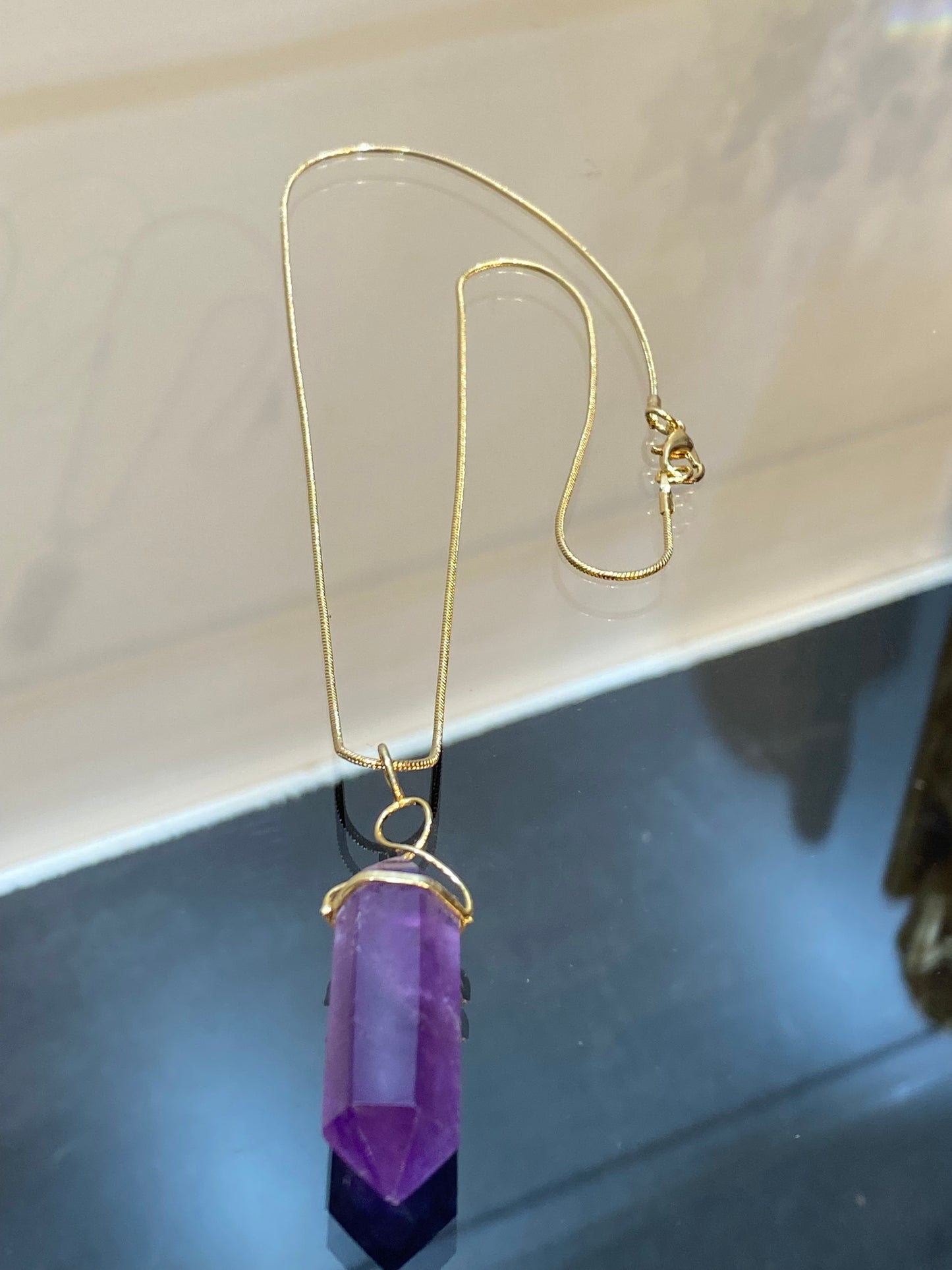 Amethyst Double Terminated Point Gold Overlay Twist Pendant with Gold Chain