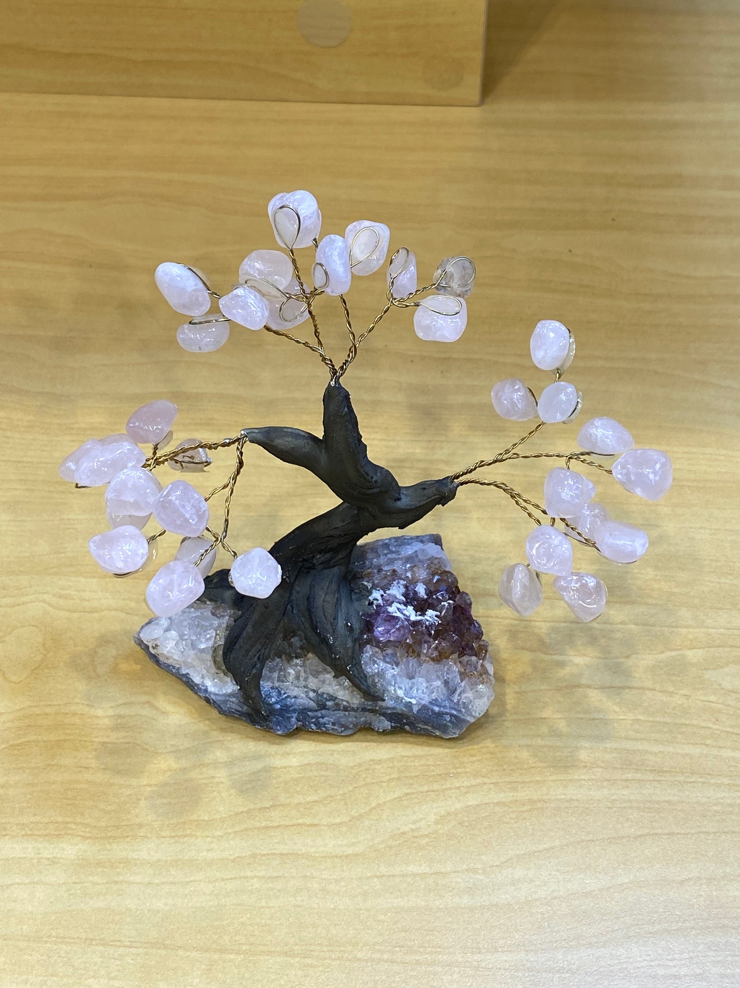 Gemstone Rose Quartz Tree on Amethyst Cluster