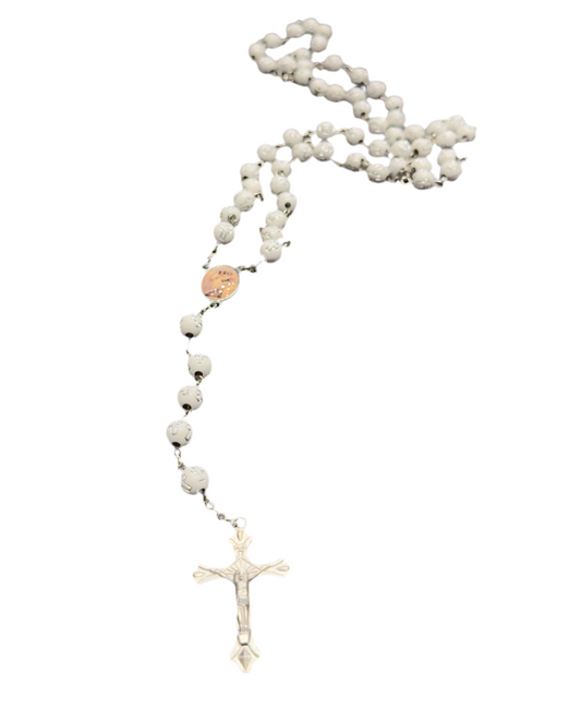 Vintage Silver Cross With Jesus Christ and White Round Beads Engraved Cross Rosary